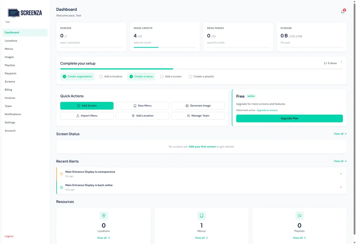 Screenza dashboard after login