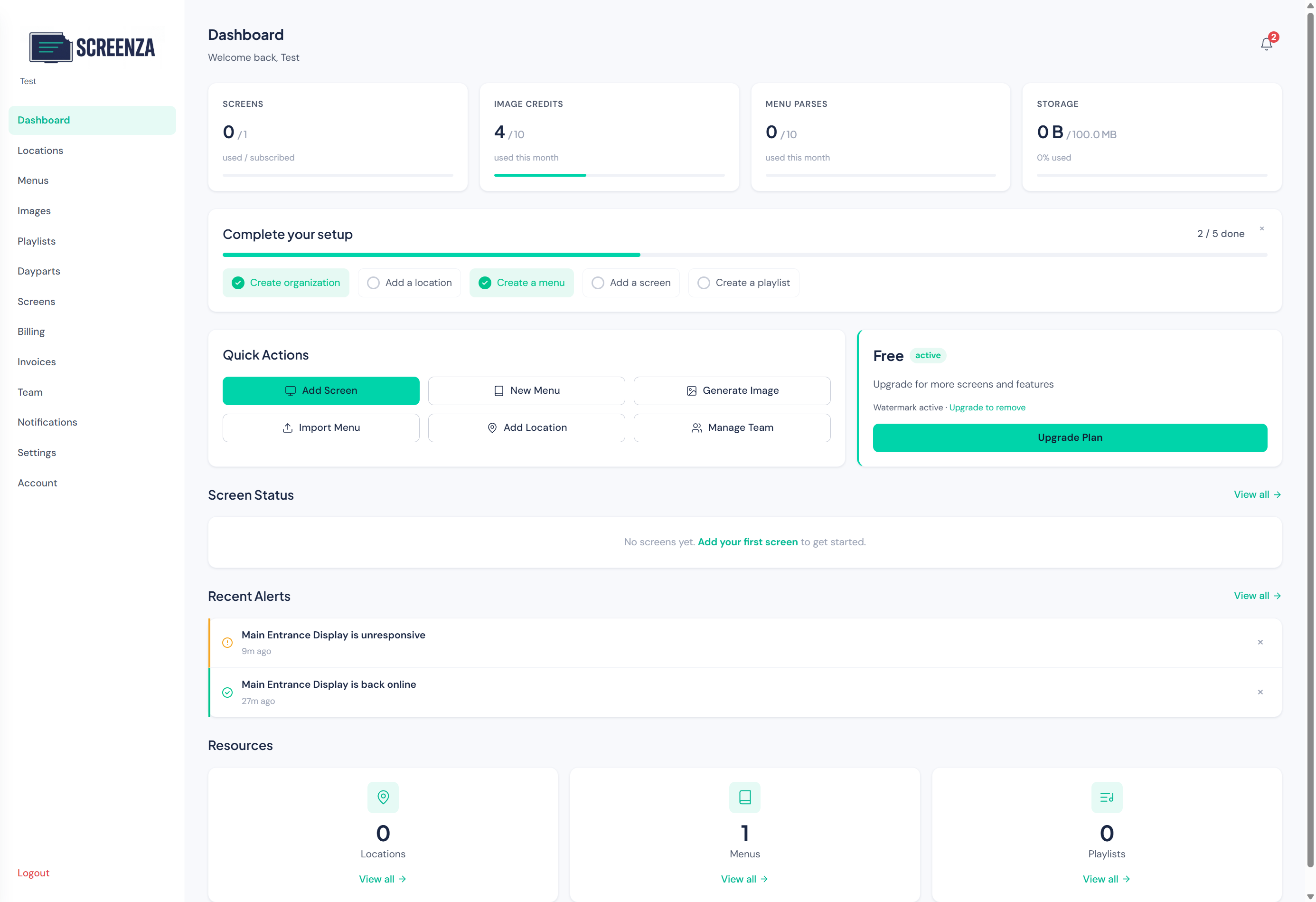 Screenza dashboard after login