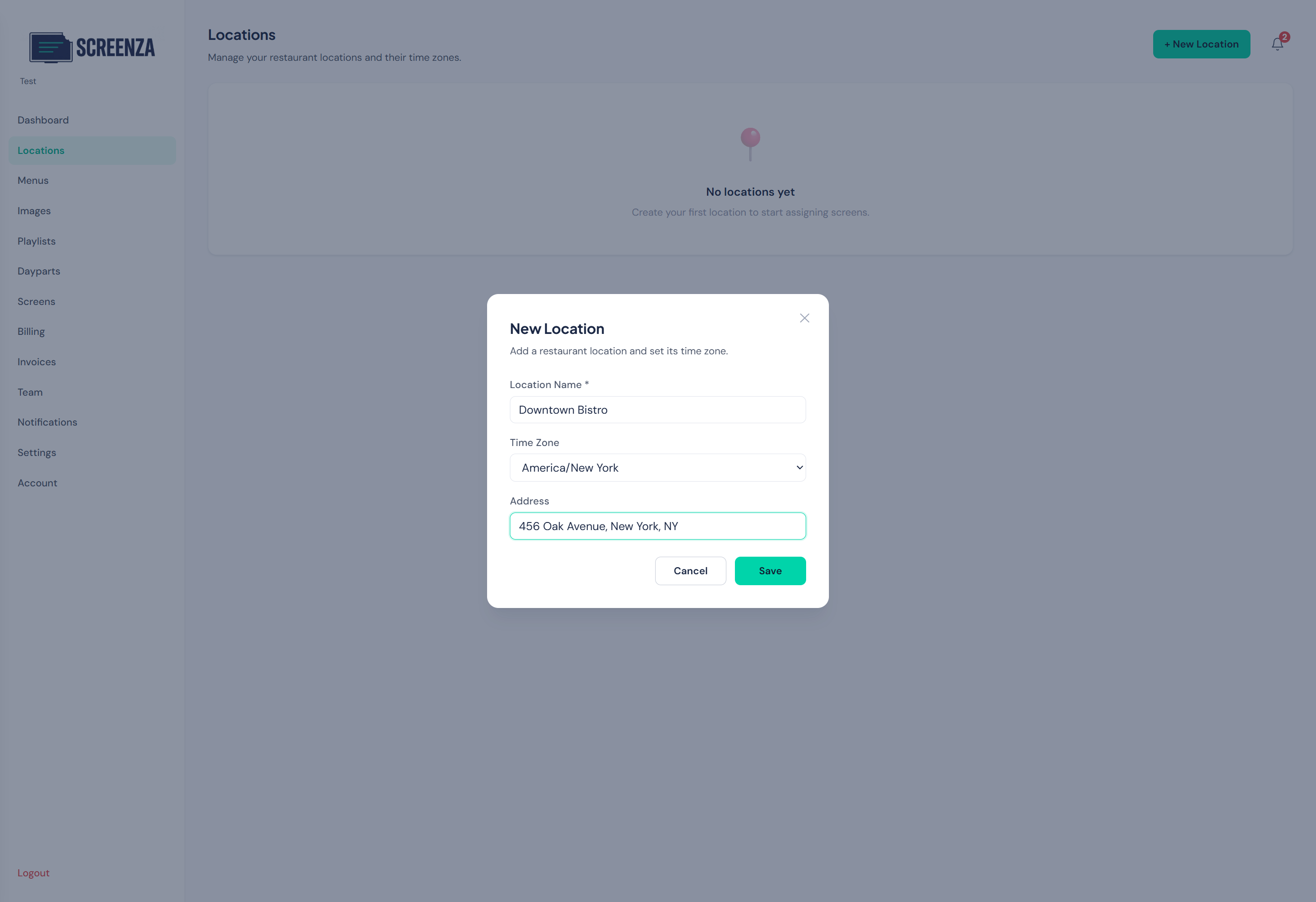 Location form filled with details