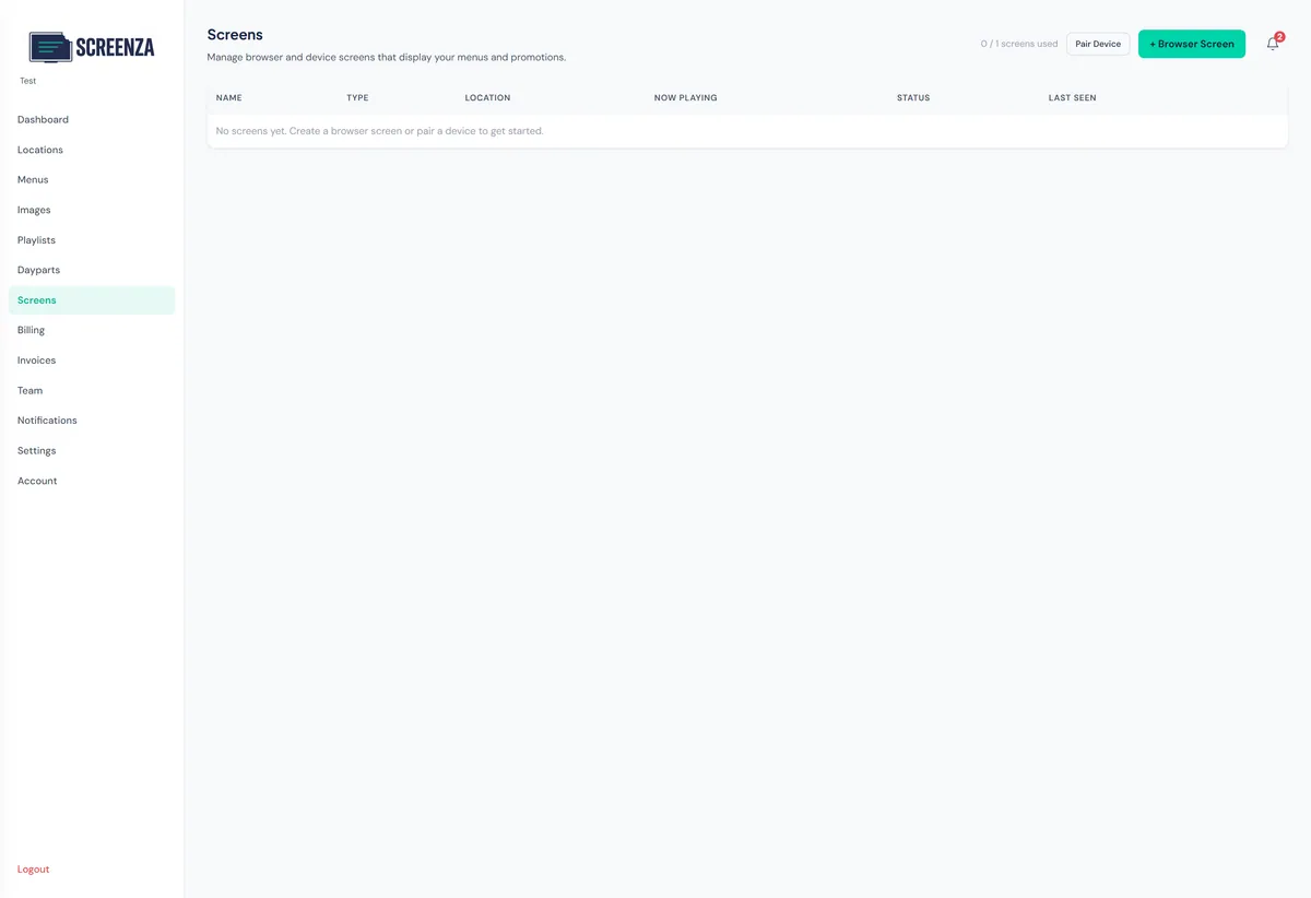 Screens page with Pair Device and Browser Screen buttons