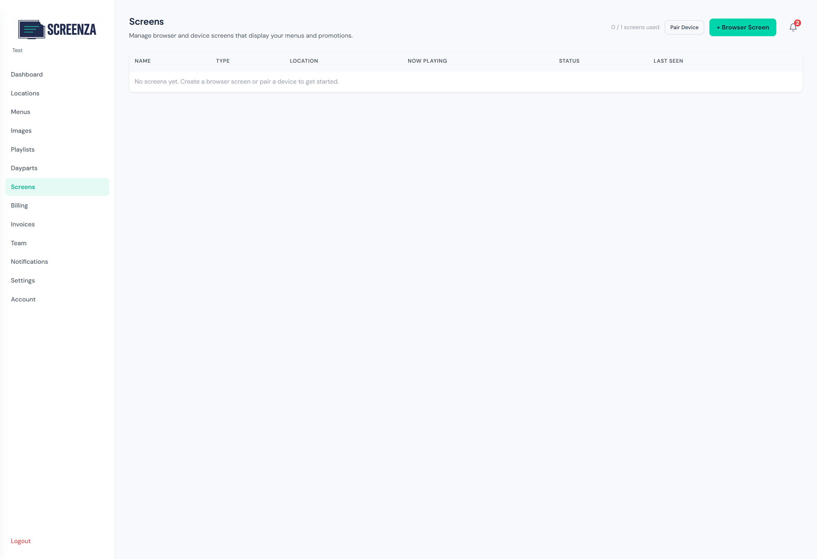 Screens page with Pair Device and Browser Screen buttons