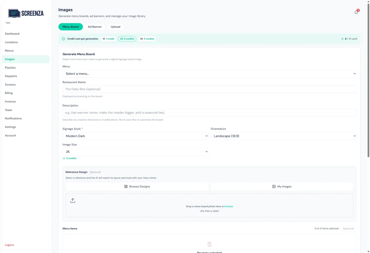 Images page with Menu Board tab