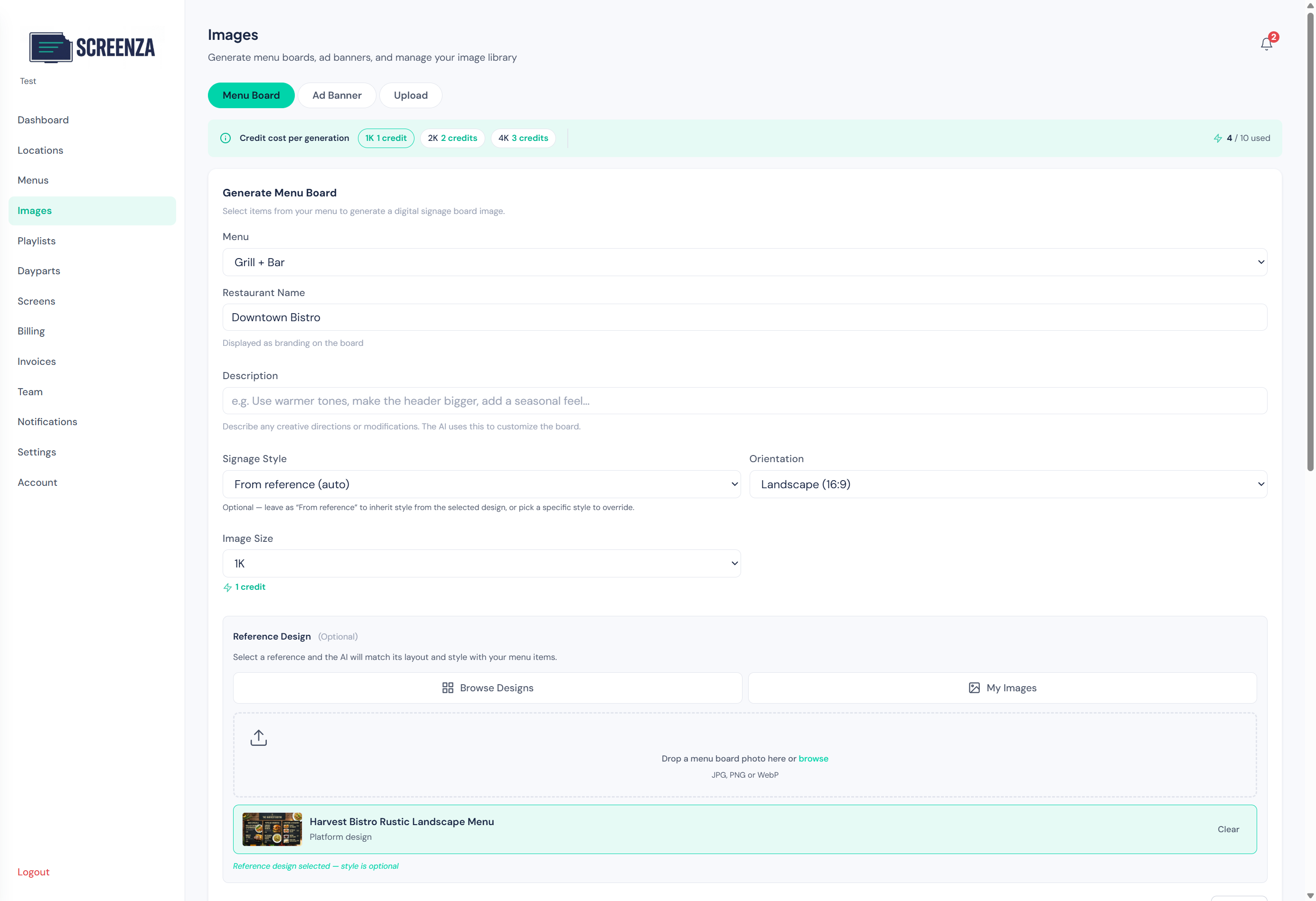 Menu board form configured with reference design