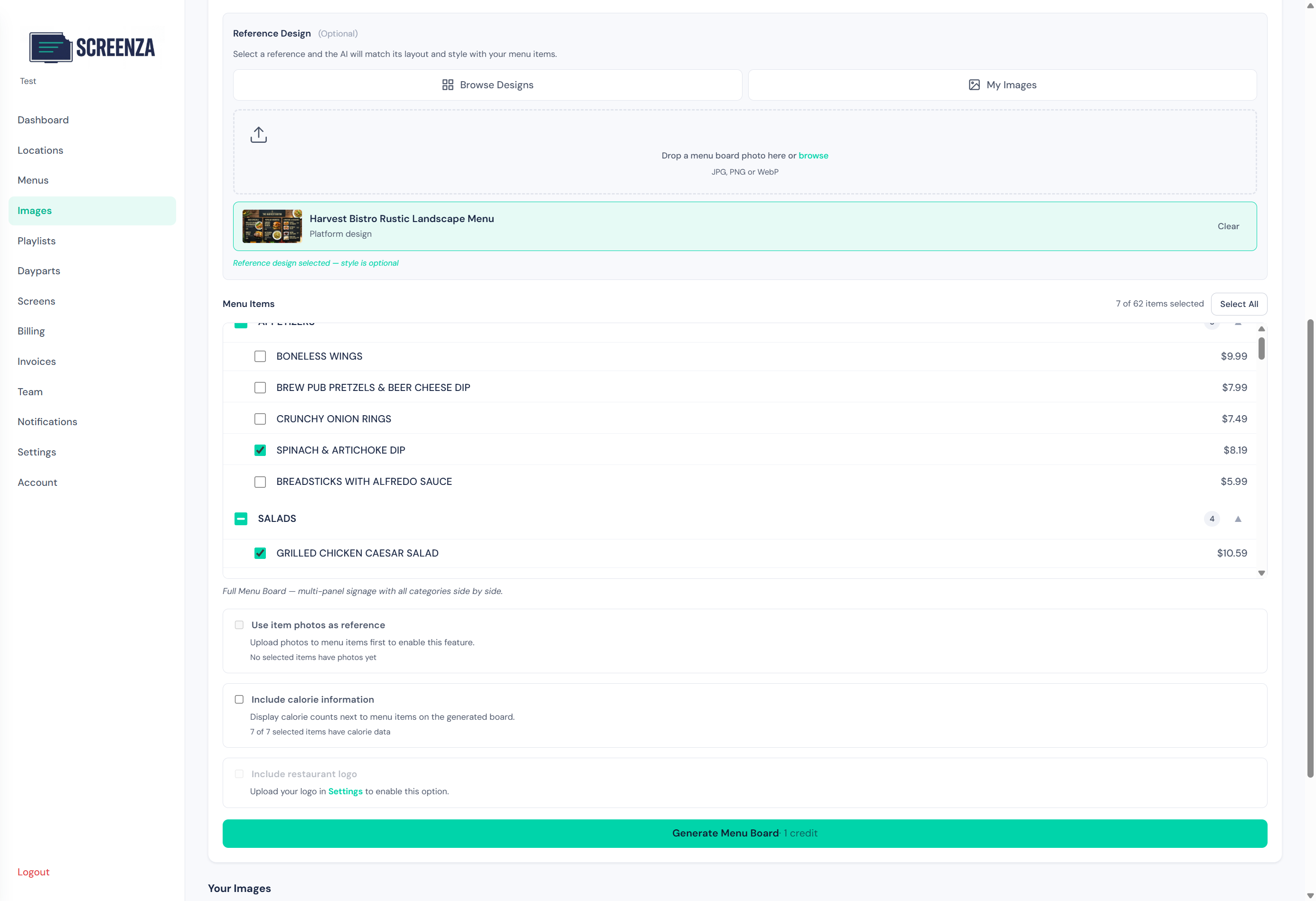 Menu items selected for the board