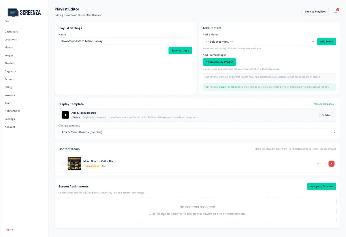 Playlist with image and template configured