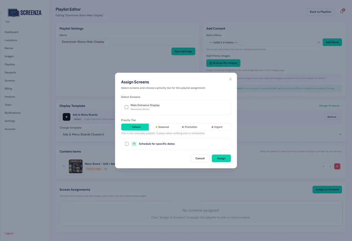 Assign screens modal dialog