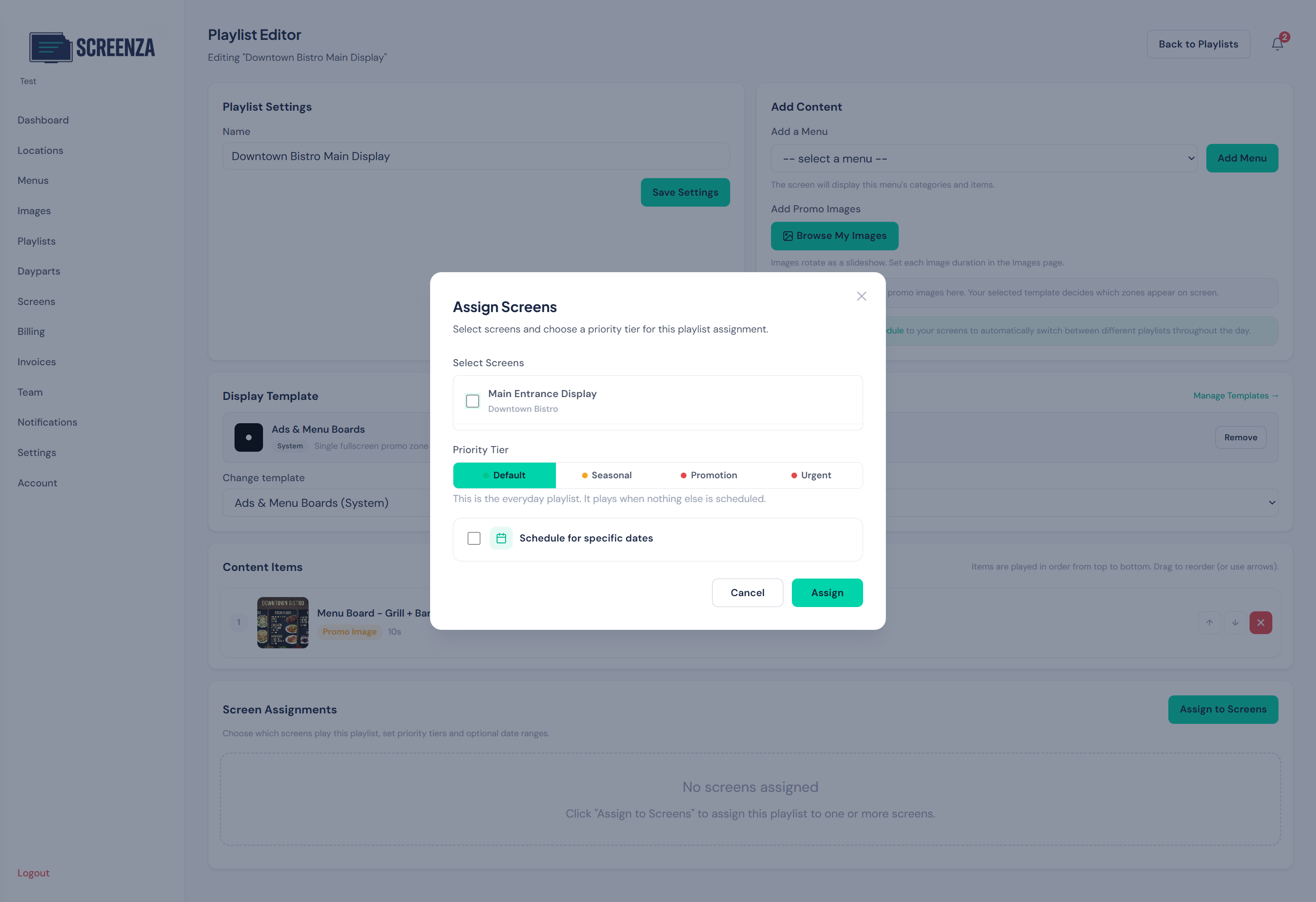 Assign screens modal dialog