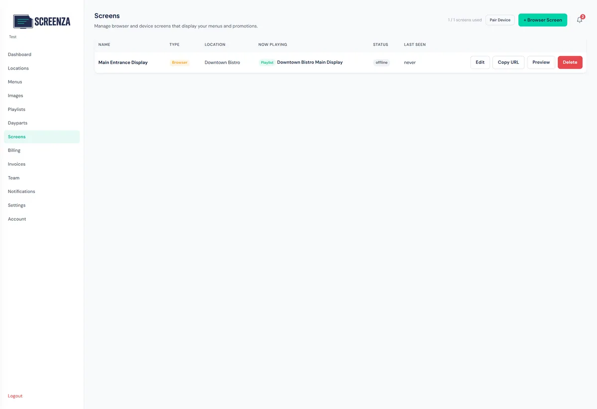 Screens page showing assigned playlist