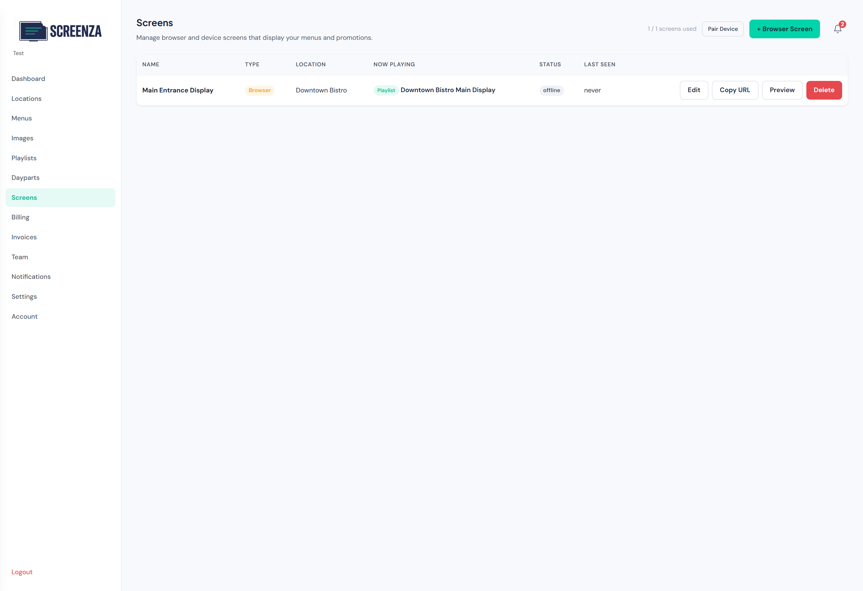 Screens page showing assigned playlist