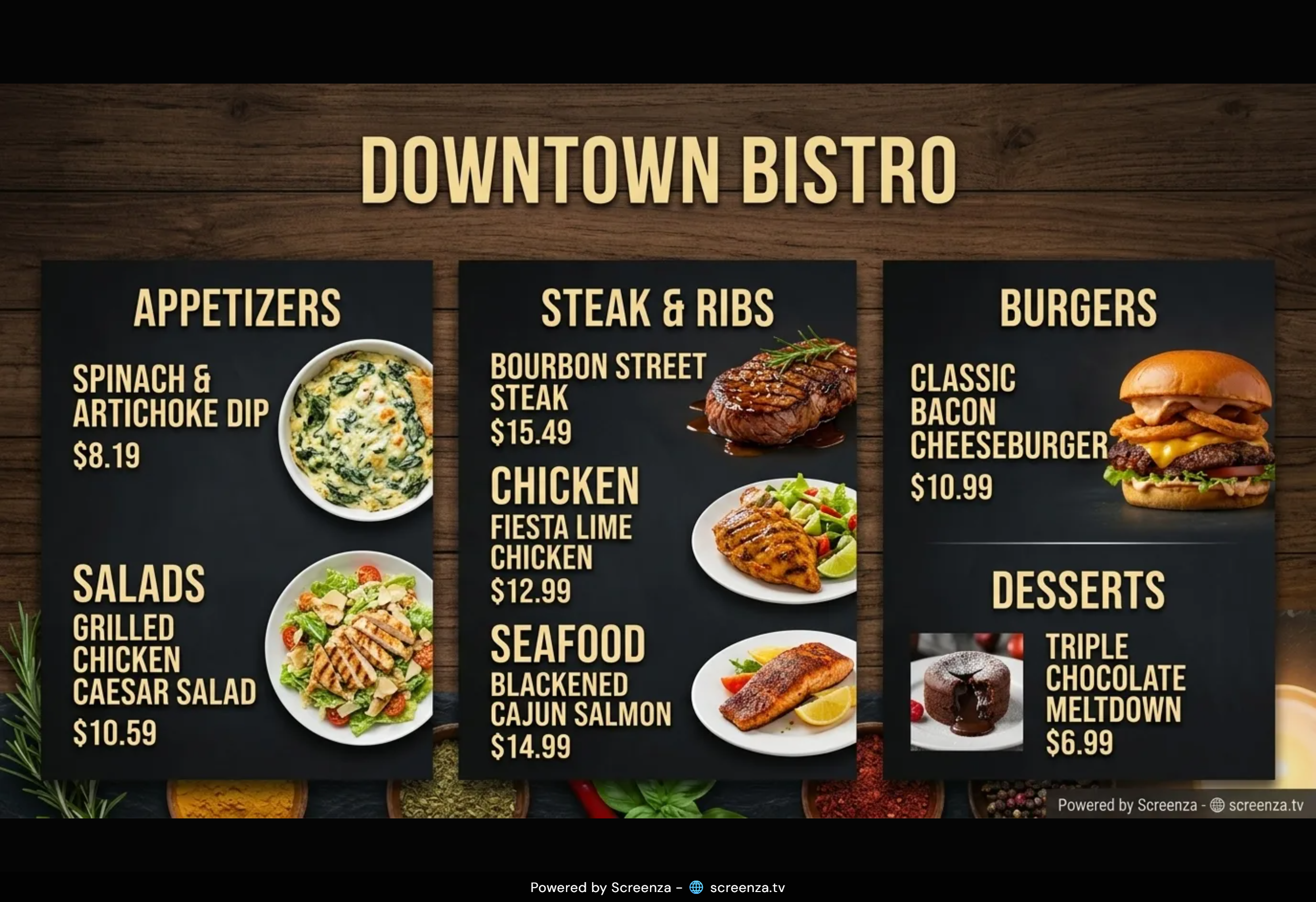 Browser player showing the live menu board