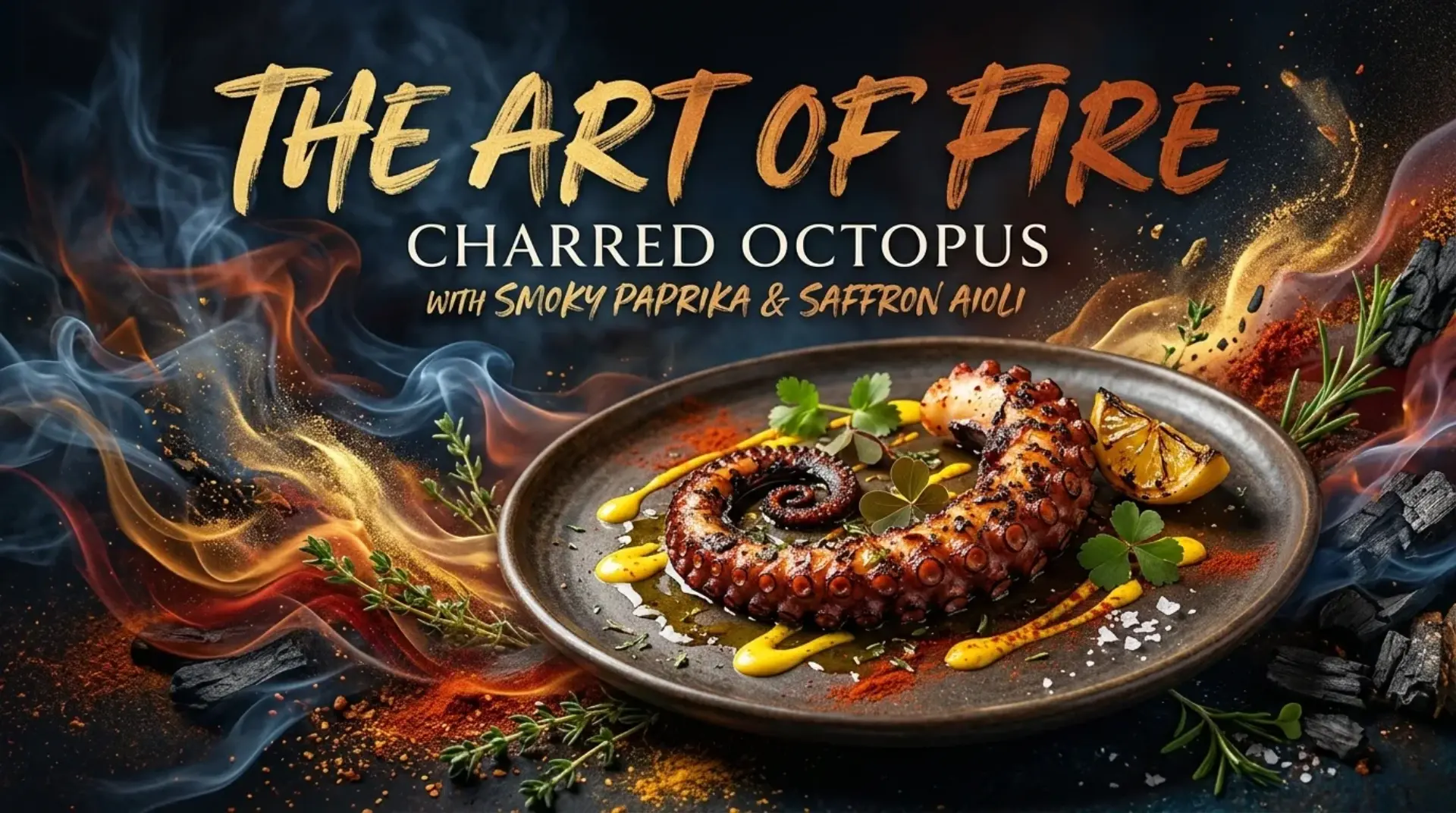 AI-generated promotional banner for The Art of Fire charred octopus with smoky paprika