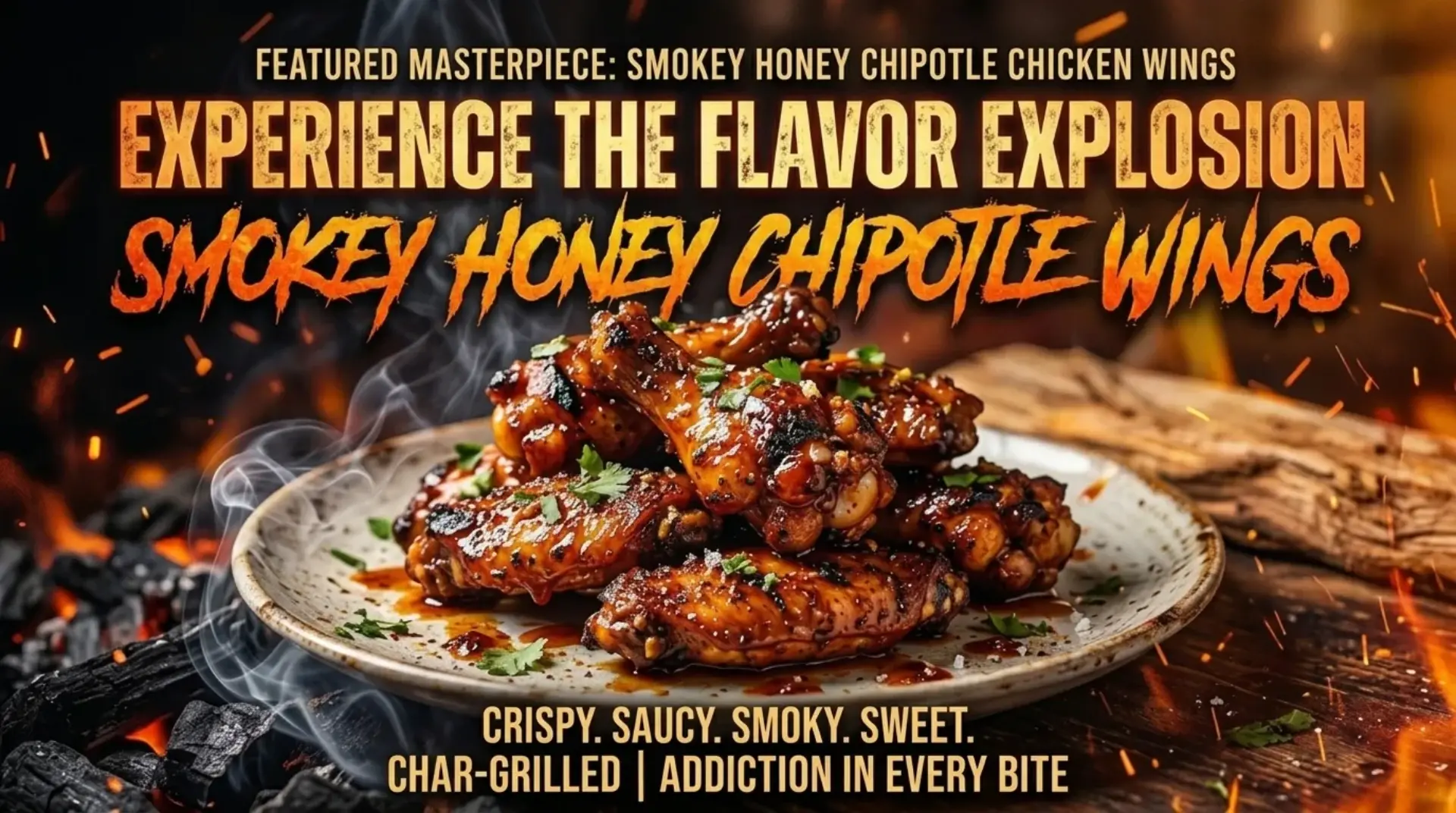 AI-generated promotional banner for Smokey Honey Chipotle Wings with bold flavors