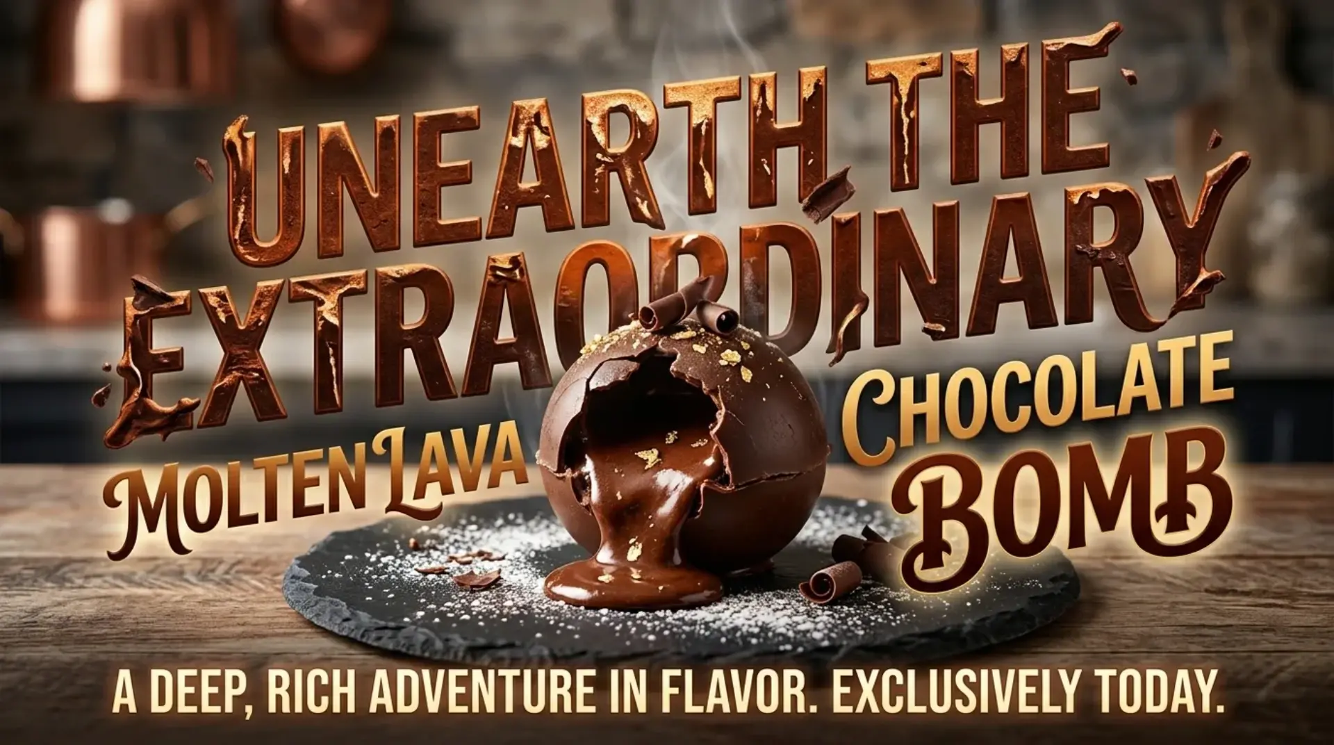 AI-generated dessert promotional banner for Molten Lava Chocolate Bomb with dramatic presentation