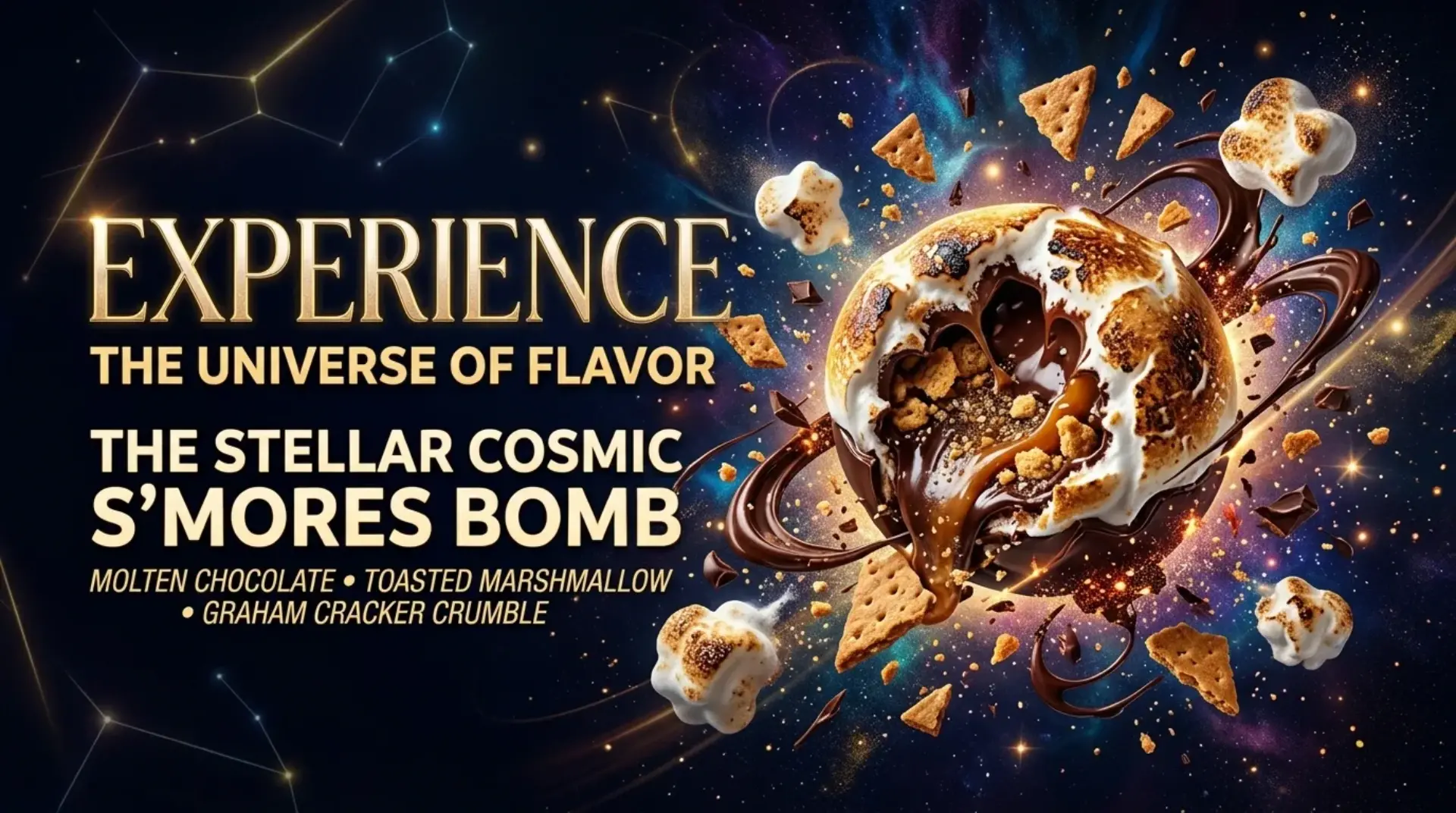 AI-generated dessert promotional banner for Stellar Cosmic S'mores Bomb with galaxy theme