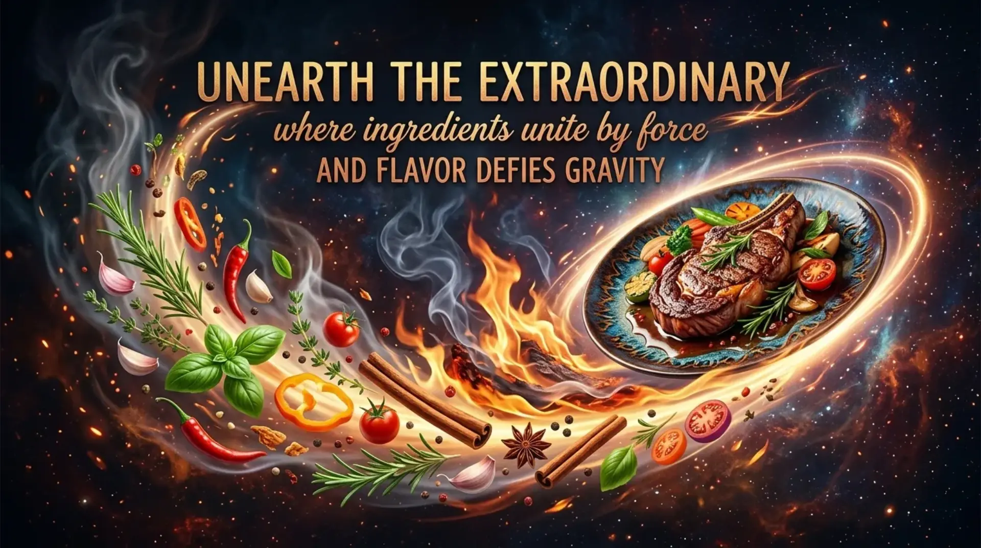 AI-generated premium steak promotional banner with Unearth the Extraordinary cosmic theme