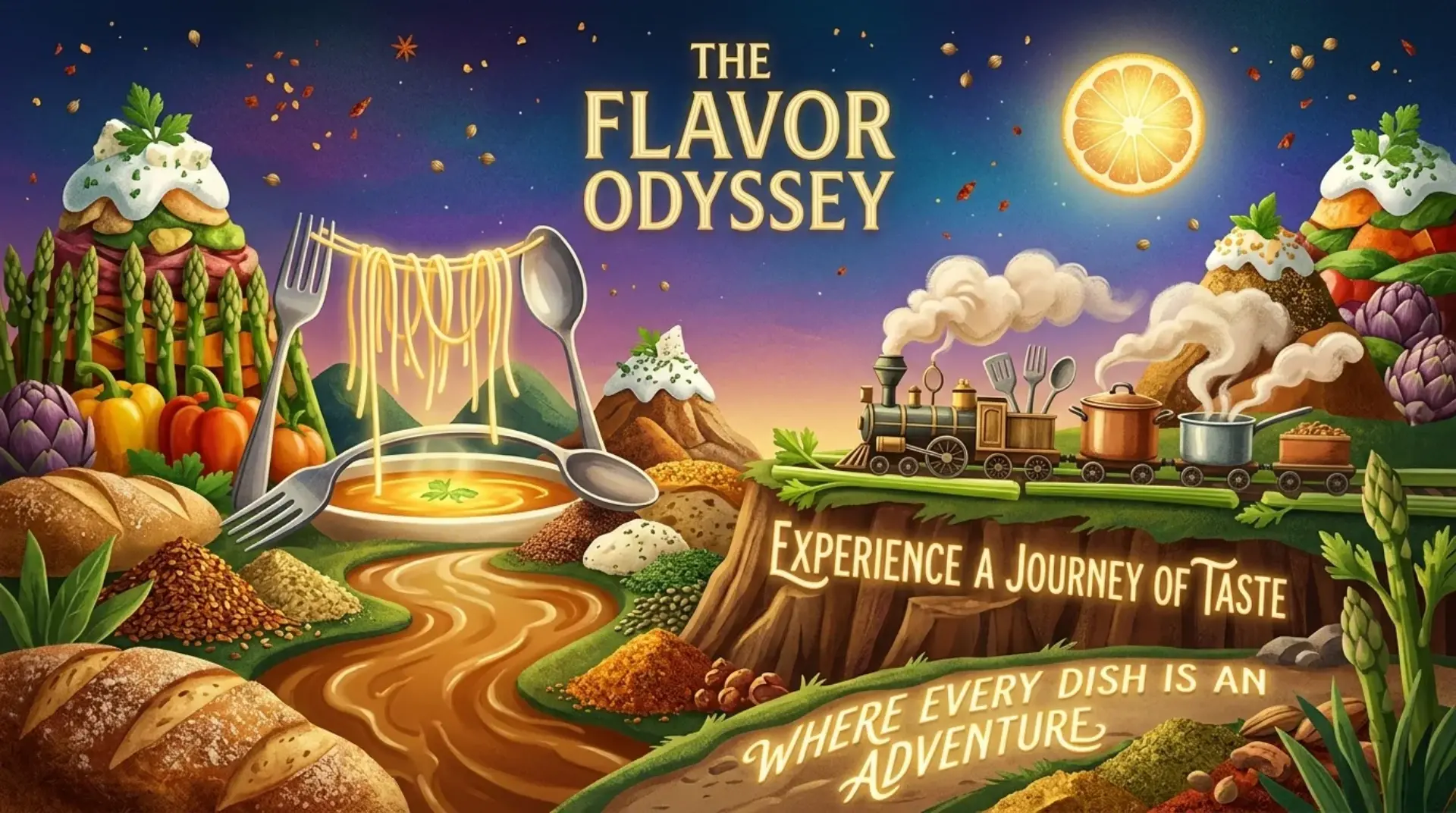AI-generated creative food advertisement for The Flavor Odyssey with artistic culinary presentation