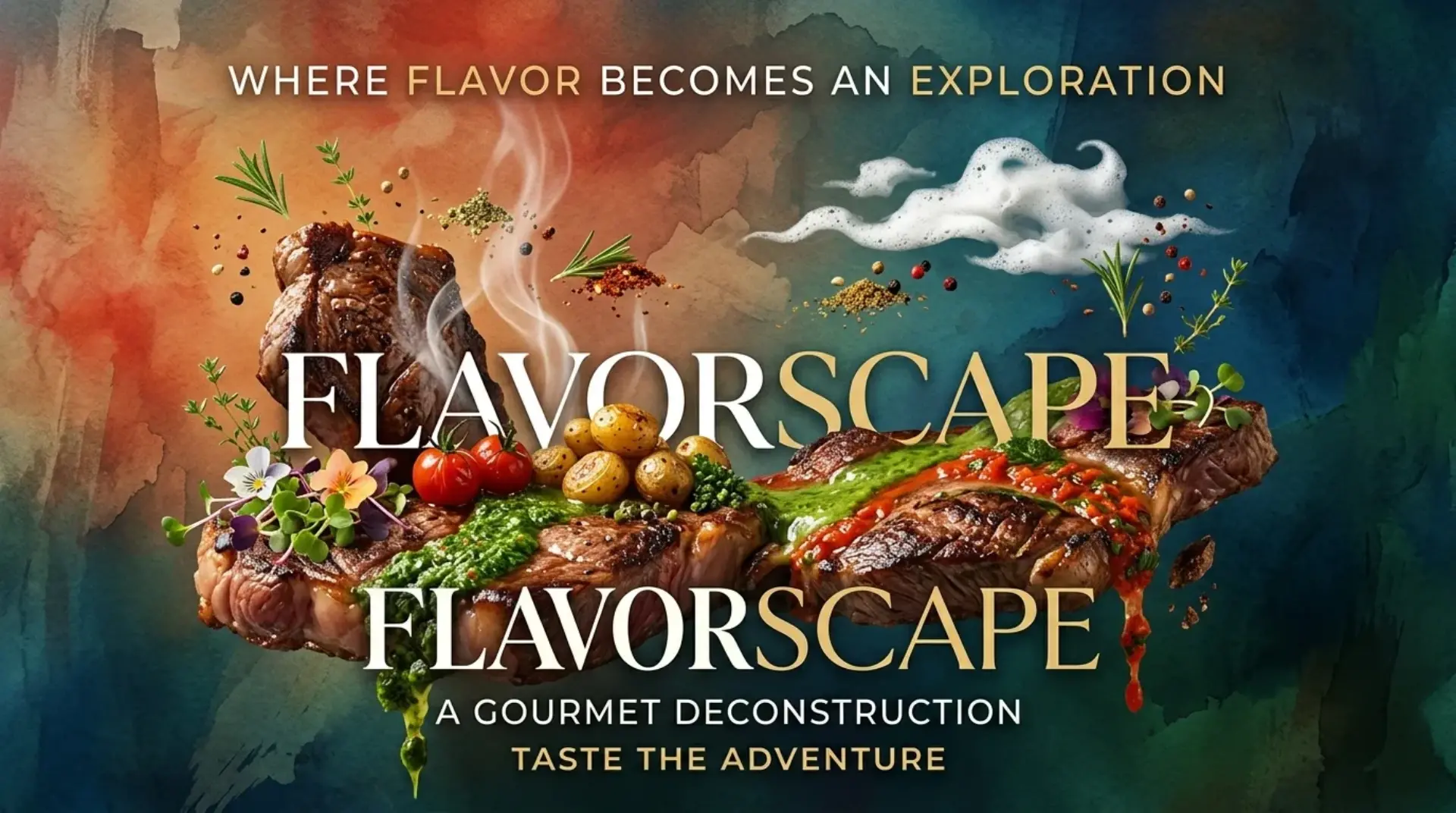 AI-generated gourmet steak promotional banner for Flavorscape with deconstructed presentation