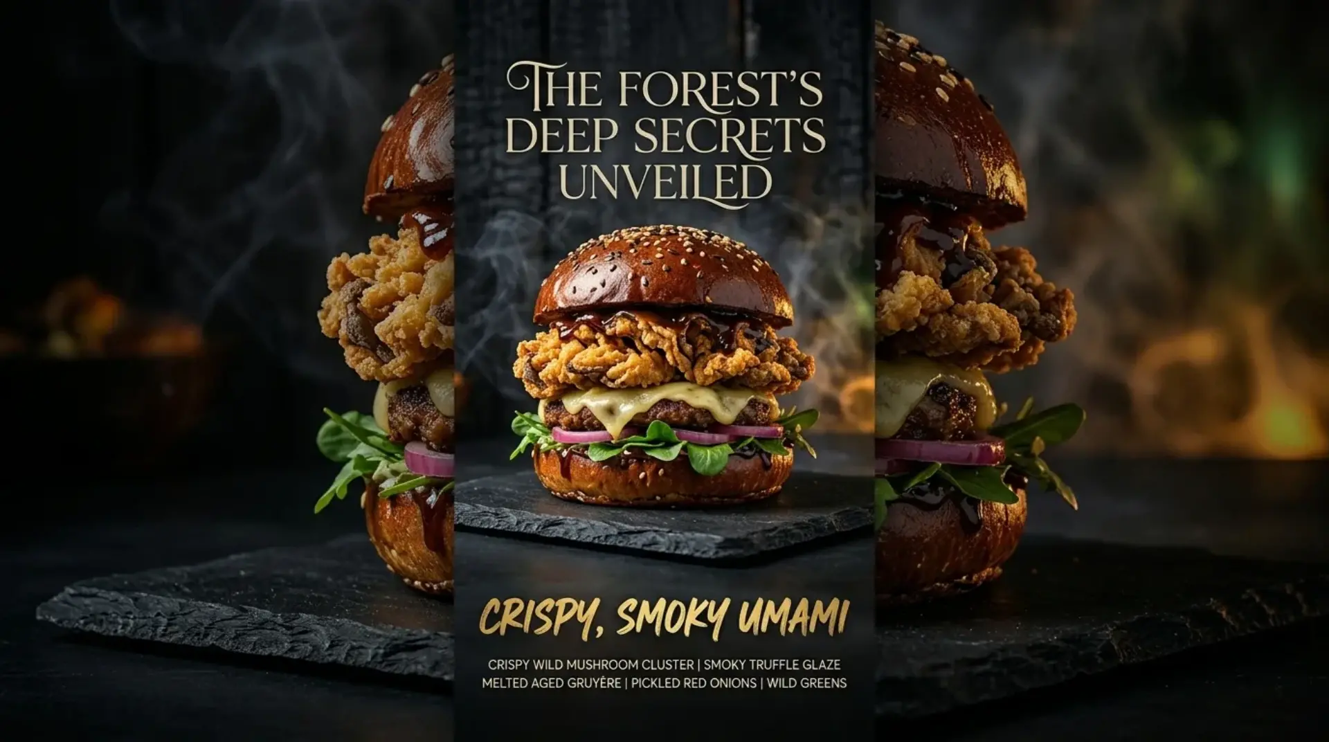 AI-generated gourmet burger promotional banner for The Forest Deep Secrets with truffle glaze