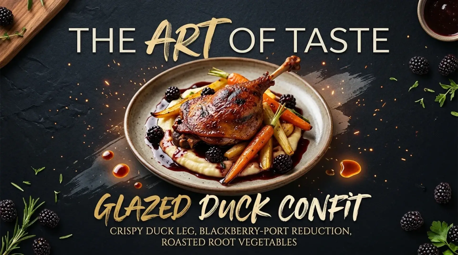 AI-generated promotional banner featuring glazed duck confit with The Art of Taste branding