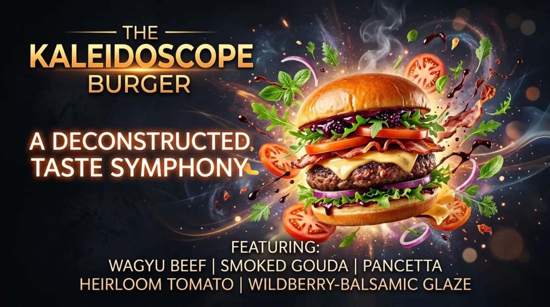 AI-generated promotional banner for The Kaleidoscope Burger with premium wagyu beef patty