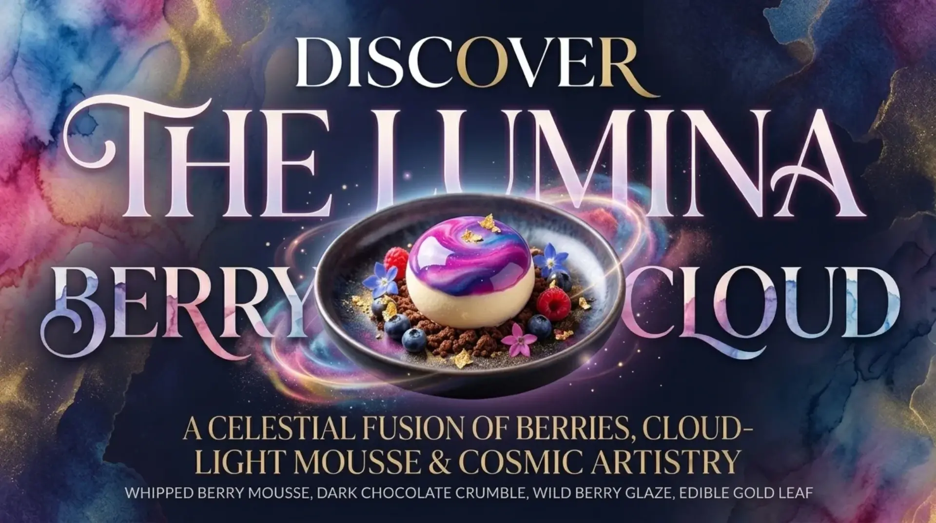 AI-generated celestial dessert promotional banner for The Lumina Berry Cloud mousse creation