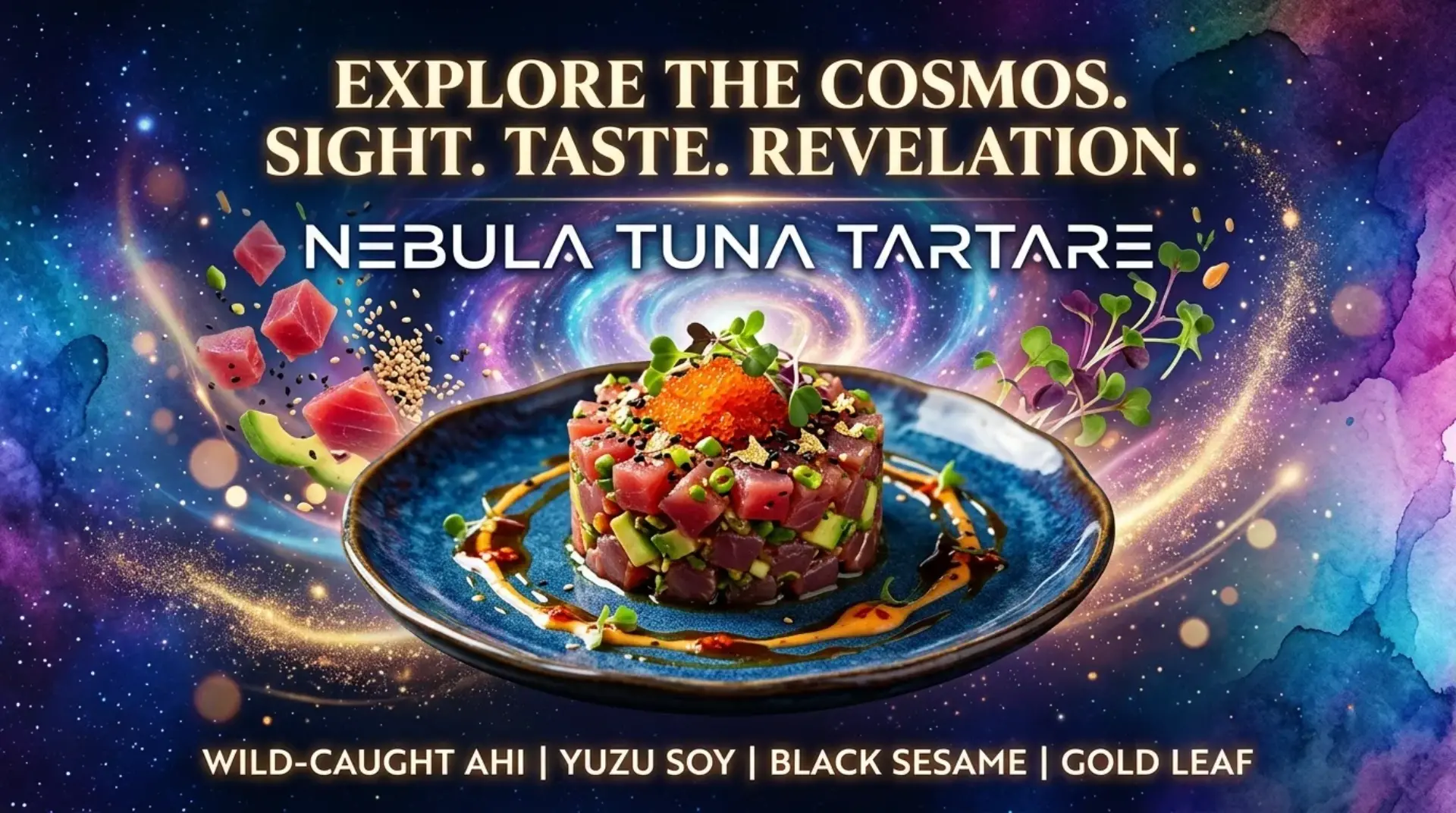 AI-generated cosmic-themed promotional banner for Nebula Tuna Tartare with galaxy effects