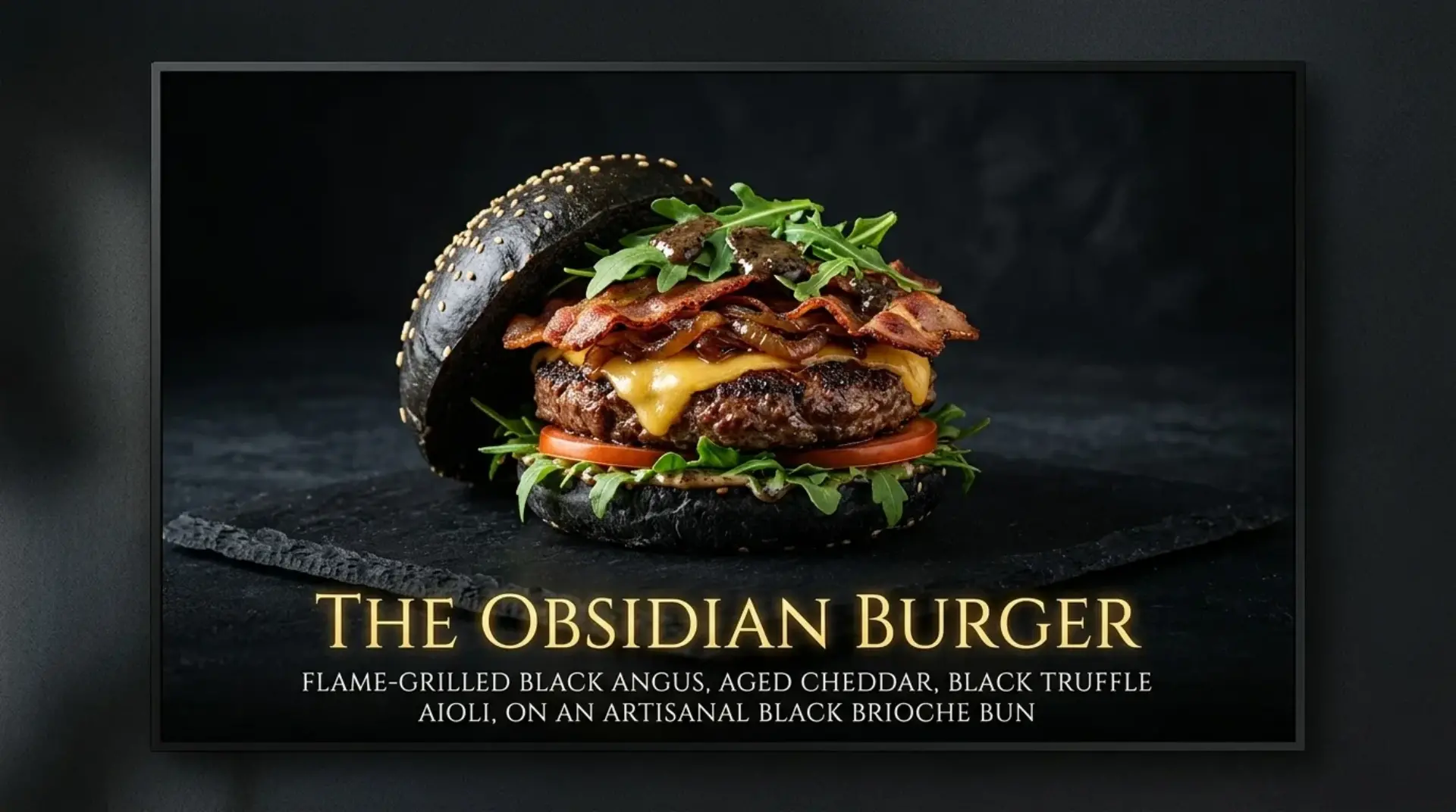 AI-generated single dish feature banner for The Obsidian Burger on digital signage screen