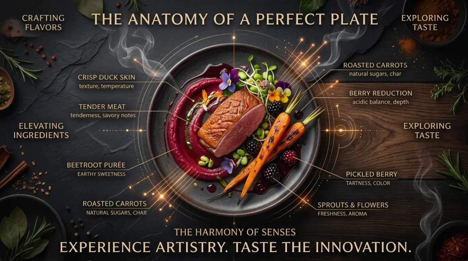 AI-generated educational food banner showing The Anatomy of a Perfect Plate with duck dish