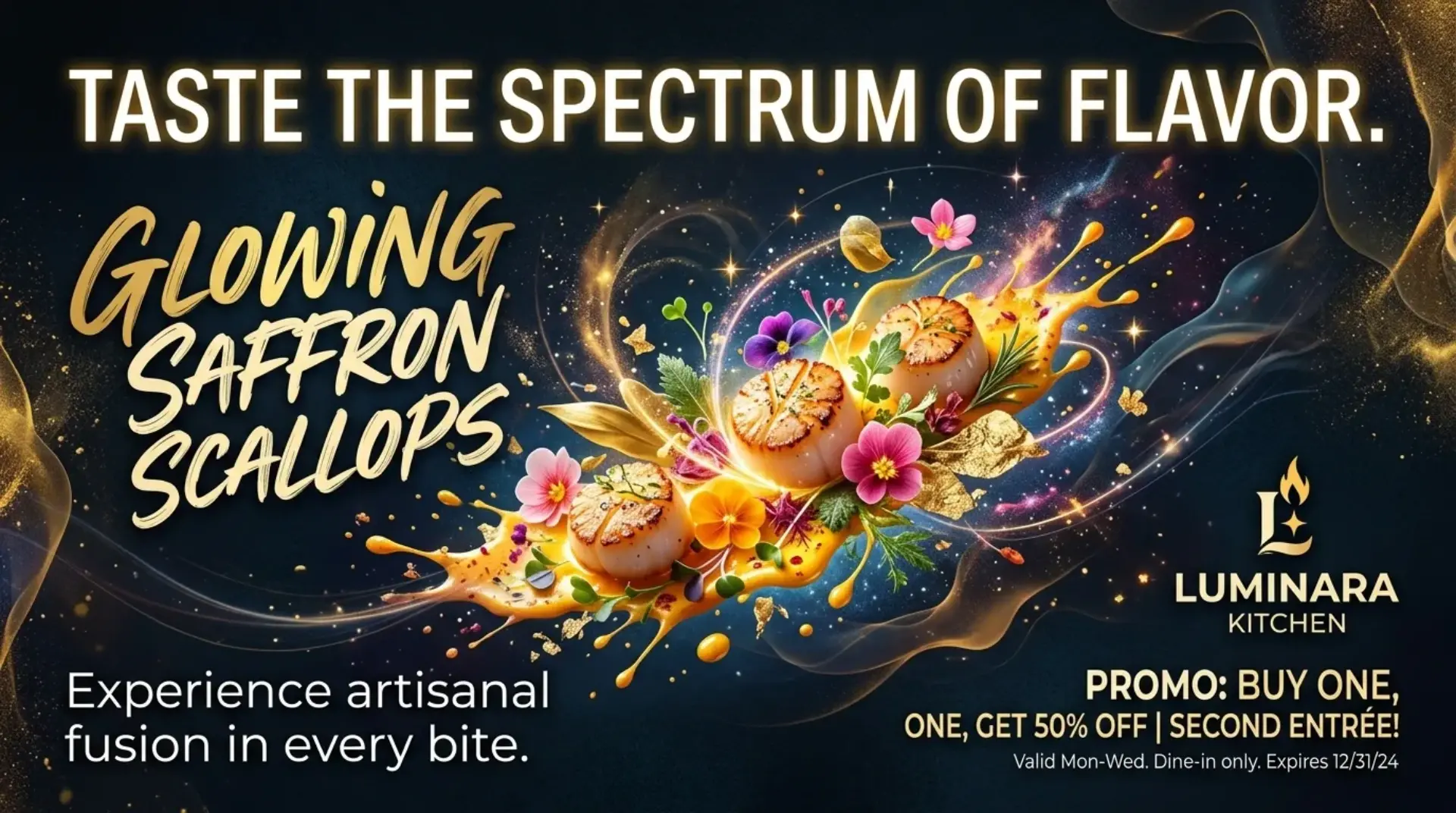 AI-generated BOGO promotional banner for Luminara Kitchen saffron scallops special deal
