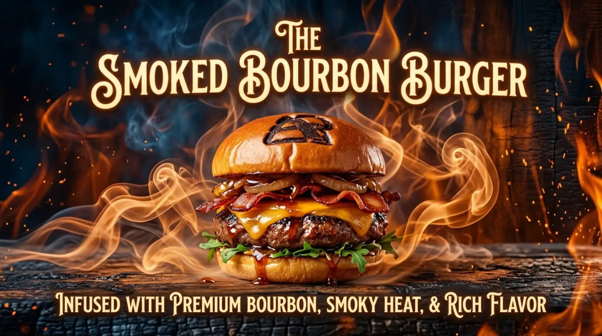 AI-generated fire-themed promotional banner for The Smoked Bourbon Burger with flame effects