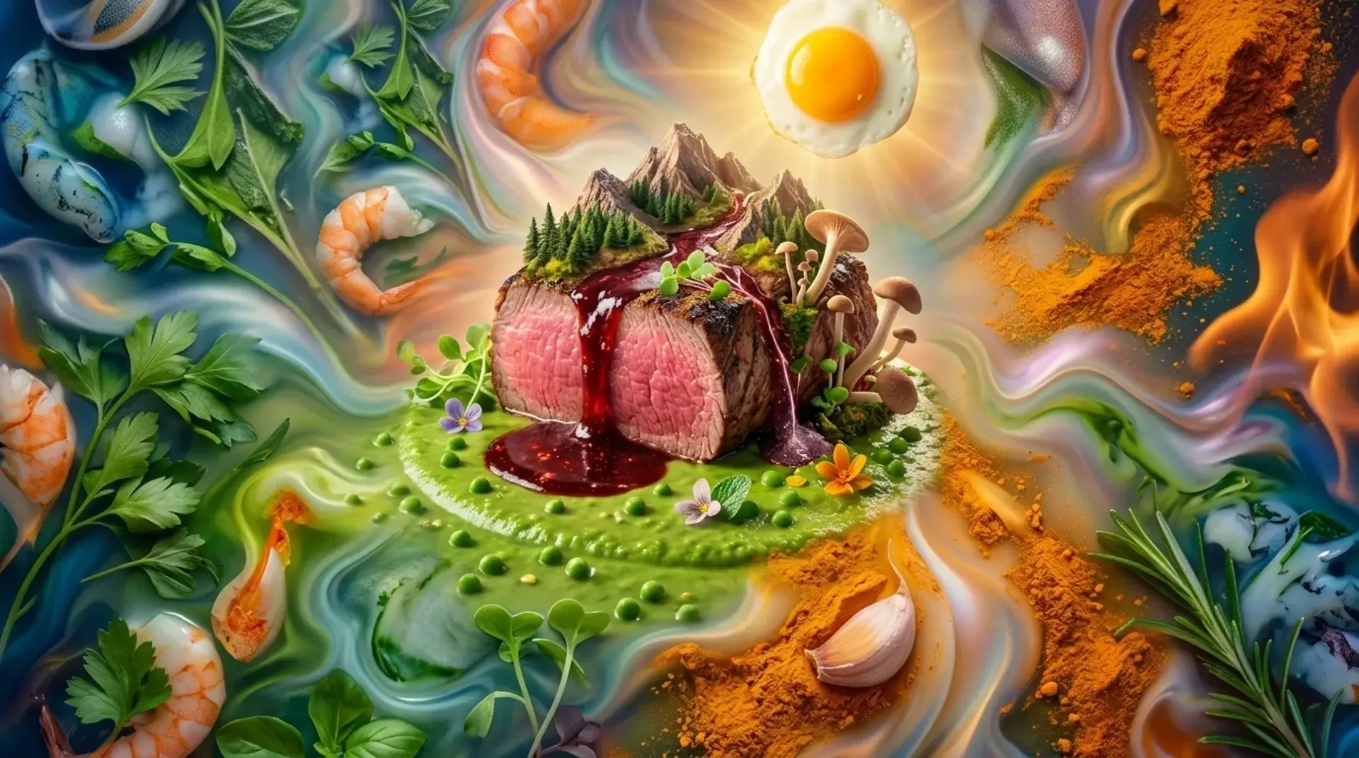 AI-generated surreal artistic food composition with steak and dreamscape ingredients