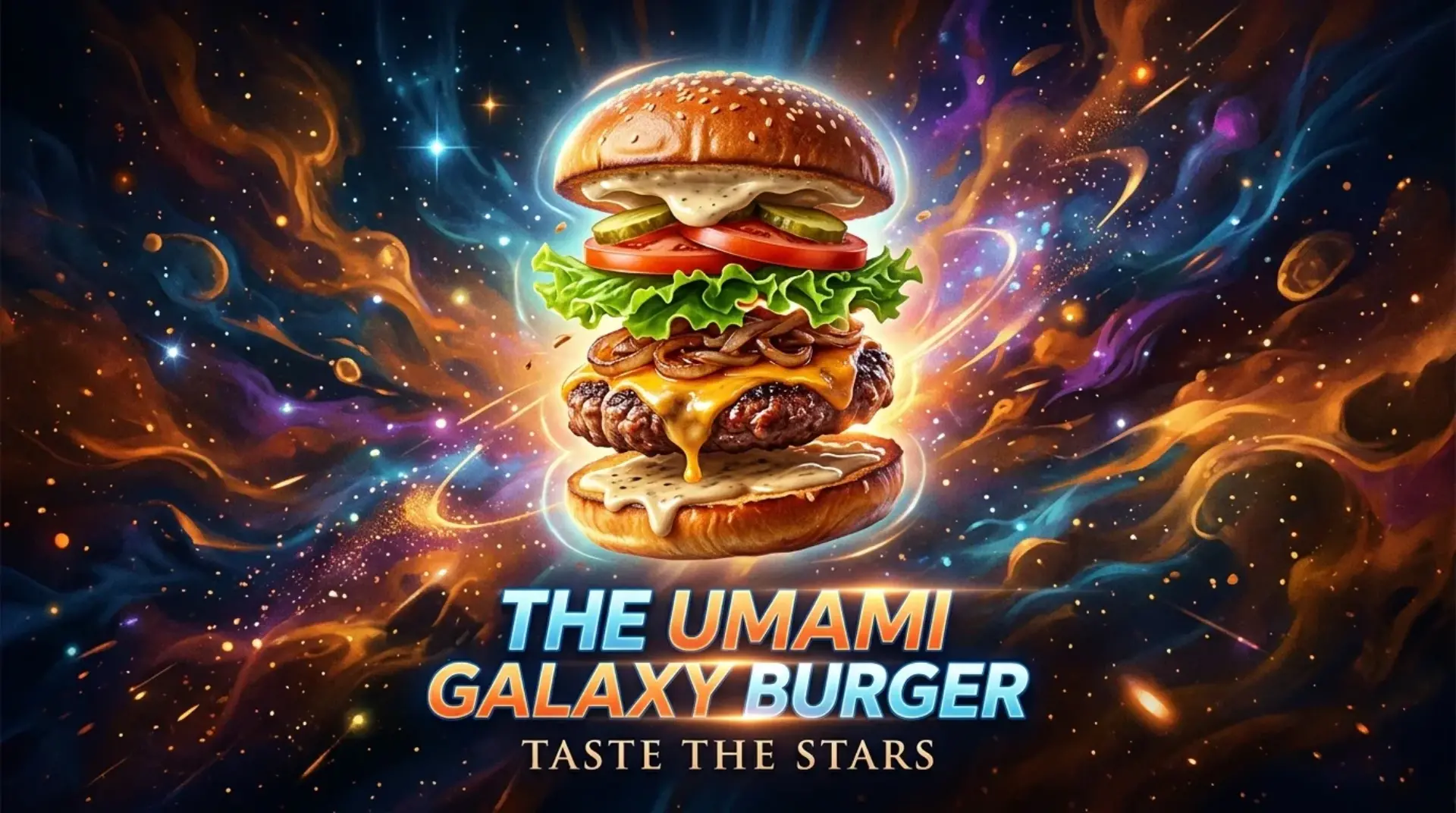 AI-generated cosmic-themed promotional banner for The Umami Galaxy Burger with space effects