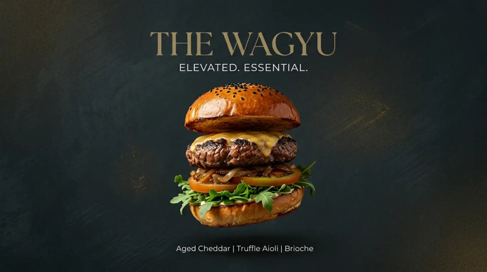 AI-generated minimalist premium promotional banner for The Wagyu burger with aged cheddar
