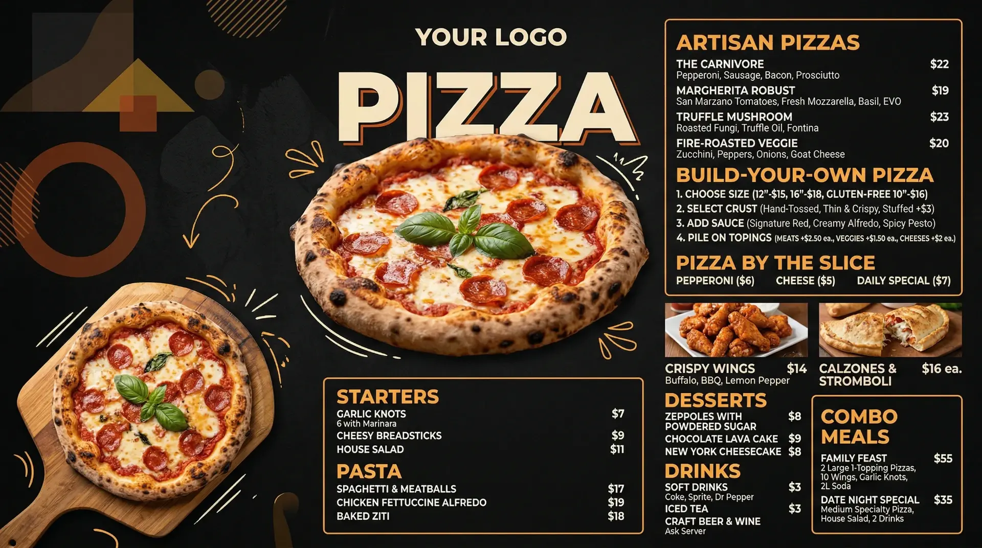 AI-generated artisan pizza restaurant digital menu board with build-your-own options and combos