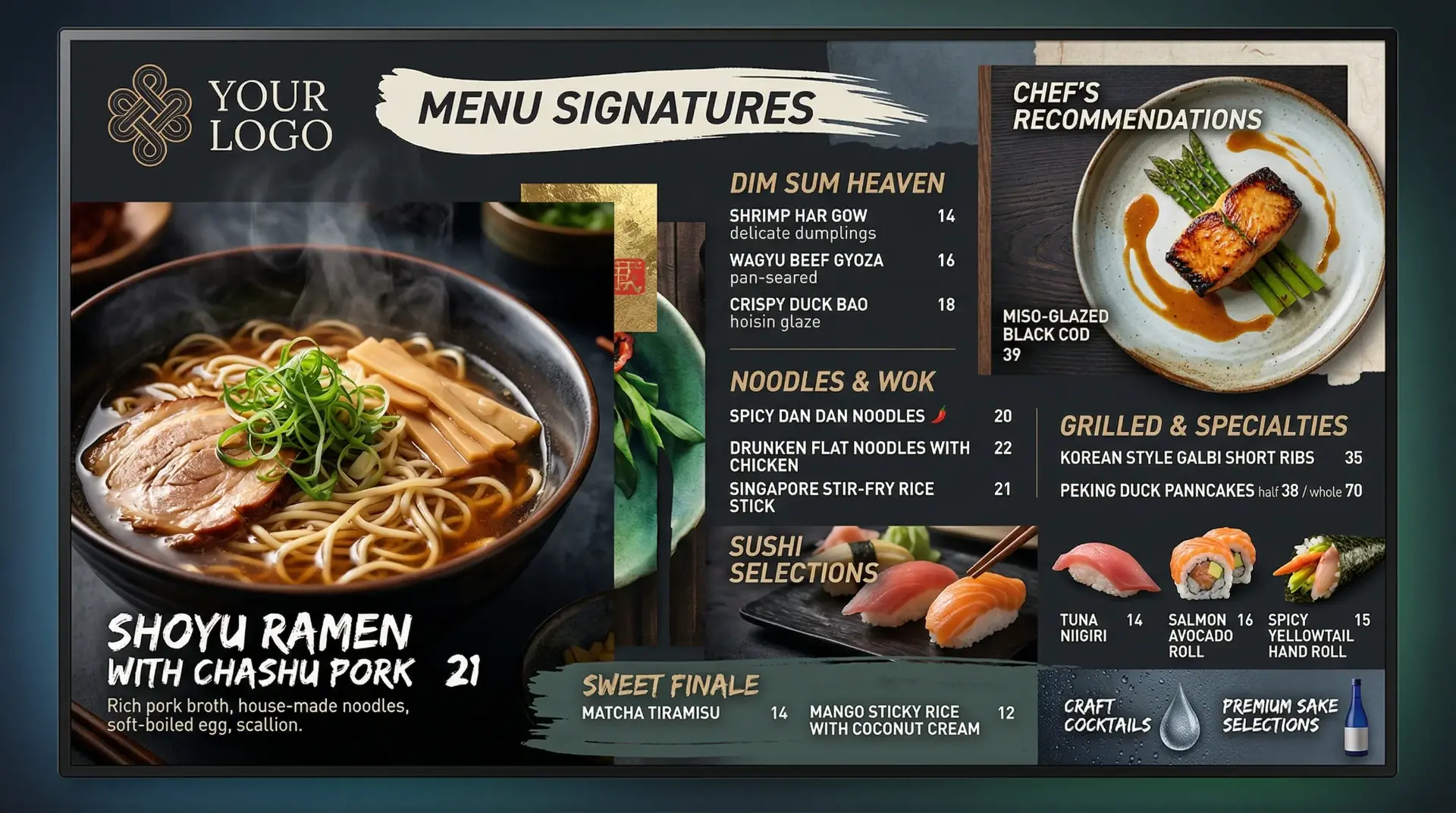 AI-generated Asian fusion digital menu board with dim sum ramen sushi and grilled specialties