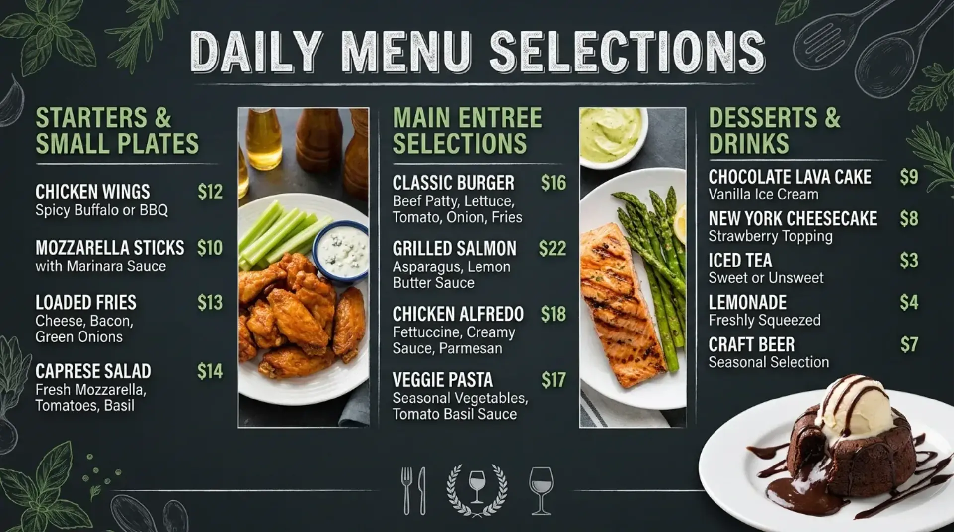 AI-generated daily menu selections digital board with starters entrees desserts and drinks