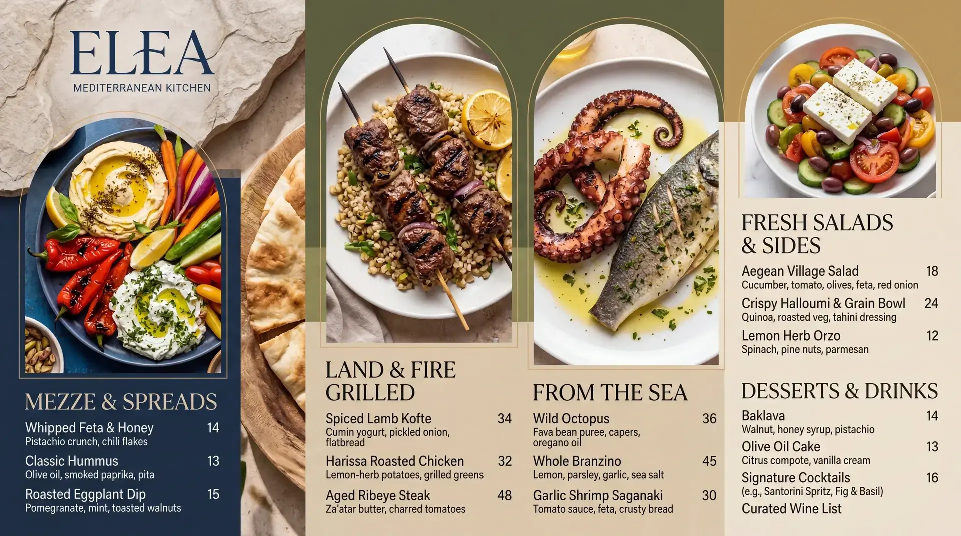AI-generated Mediterranean kitchen digital menu board with mezze grilled entrees and seafood