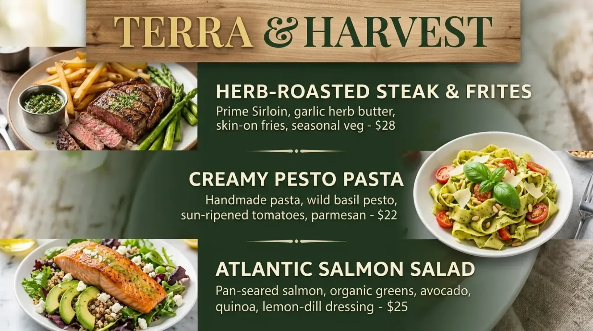 AI-generated farm-to-table specials digital menu board with steak pesto pasta and salmon salad