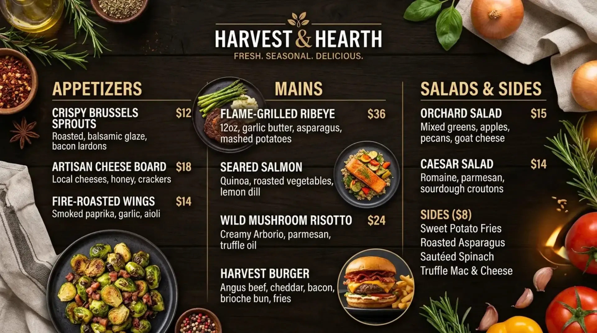 AI-generated farm-to-table restaurant digital menu board featuring seasonal harvest ingredients