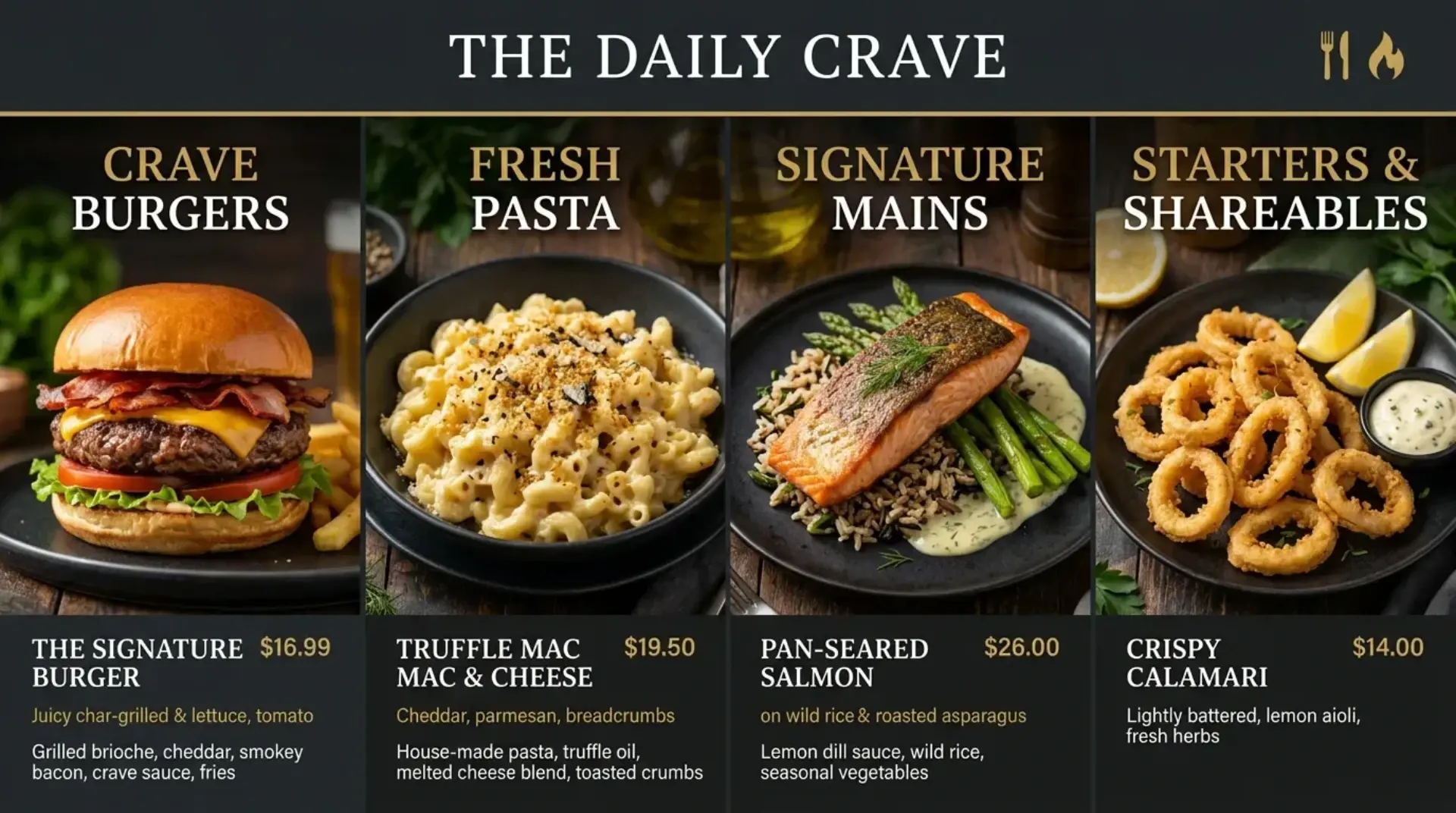 AI-generated featured items digital menu board with burger mac and cheese salmon and calamari