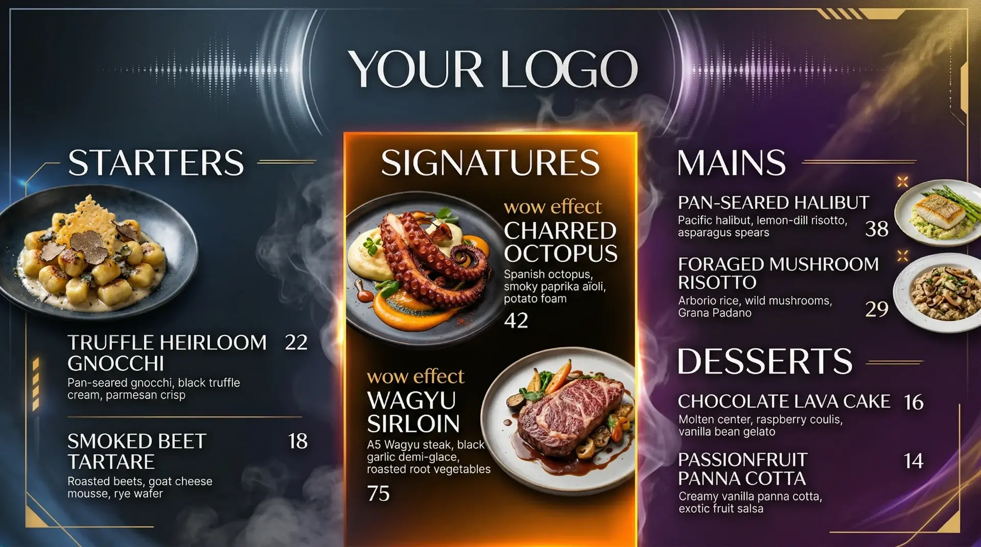 AI-generated fine dining digital menu board with octopus wagyu and gourmet desserts