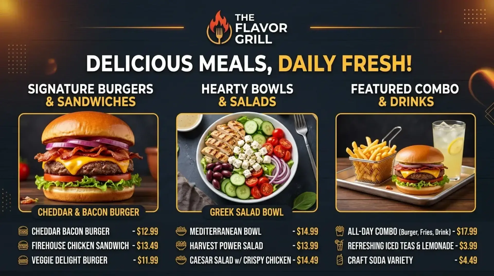 AI-generated grill restaurant digital menu board with signature burgers bowls and combo meals