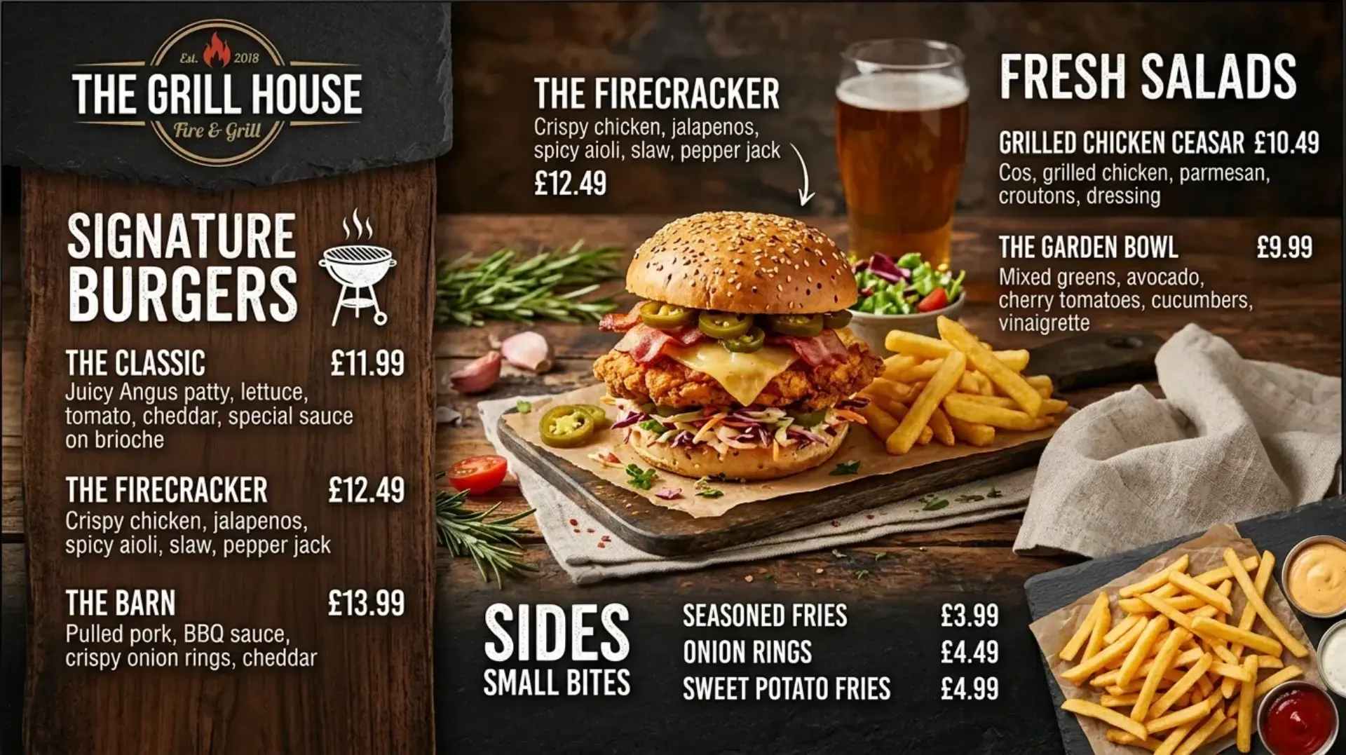 AI-generated grill house digital menu board with signature burgers fresh salads and sides