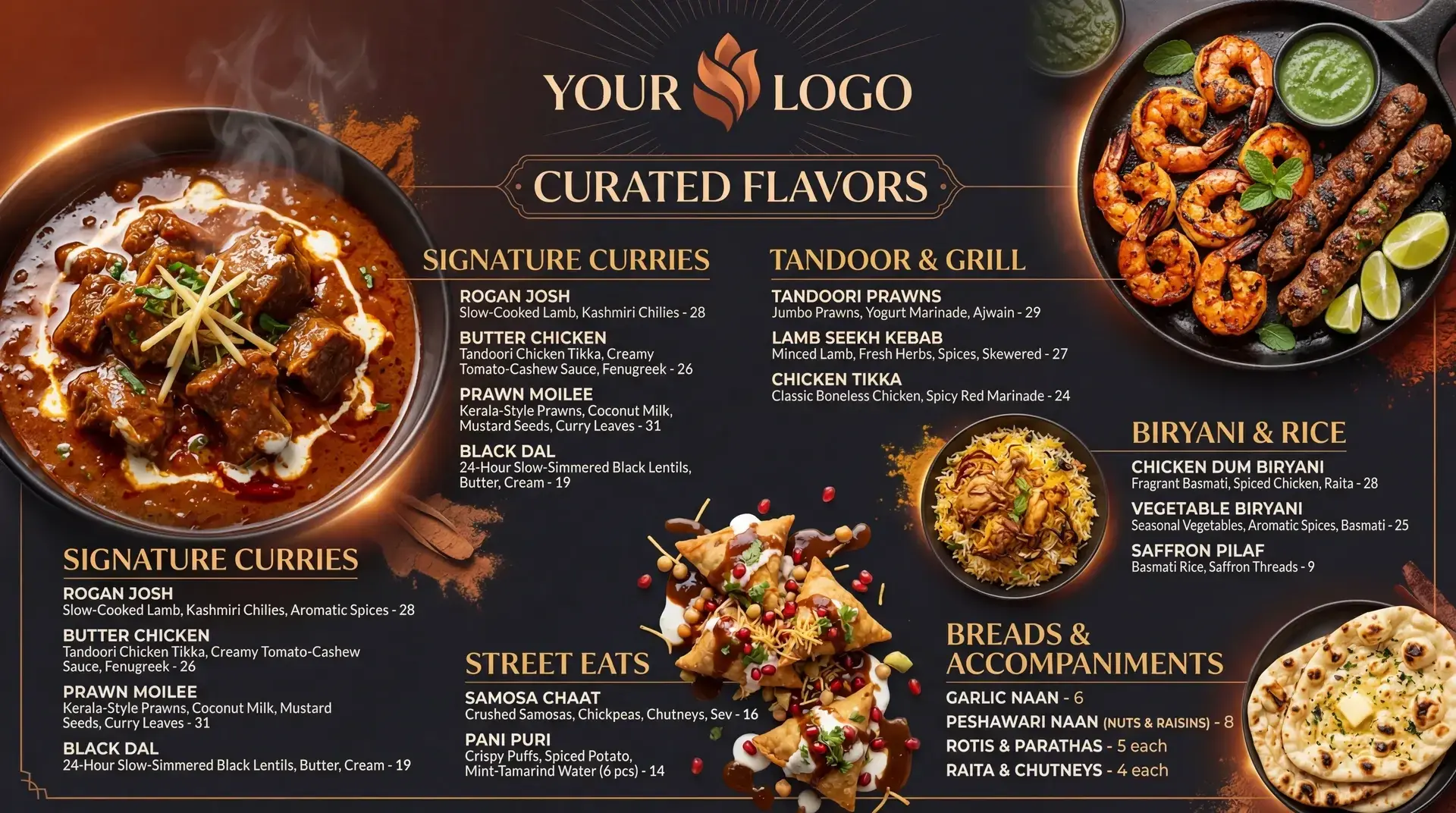 AI-generated Indian cuisine digital menu board with curries biryani tandoor dishes and naan
