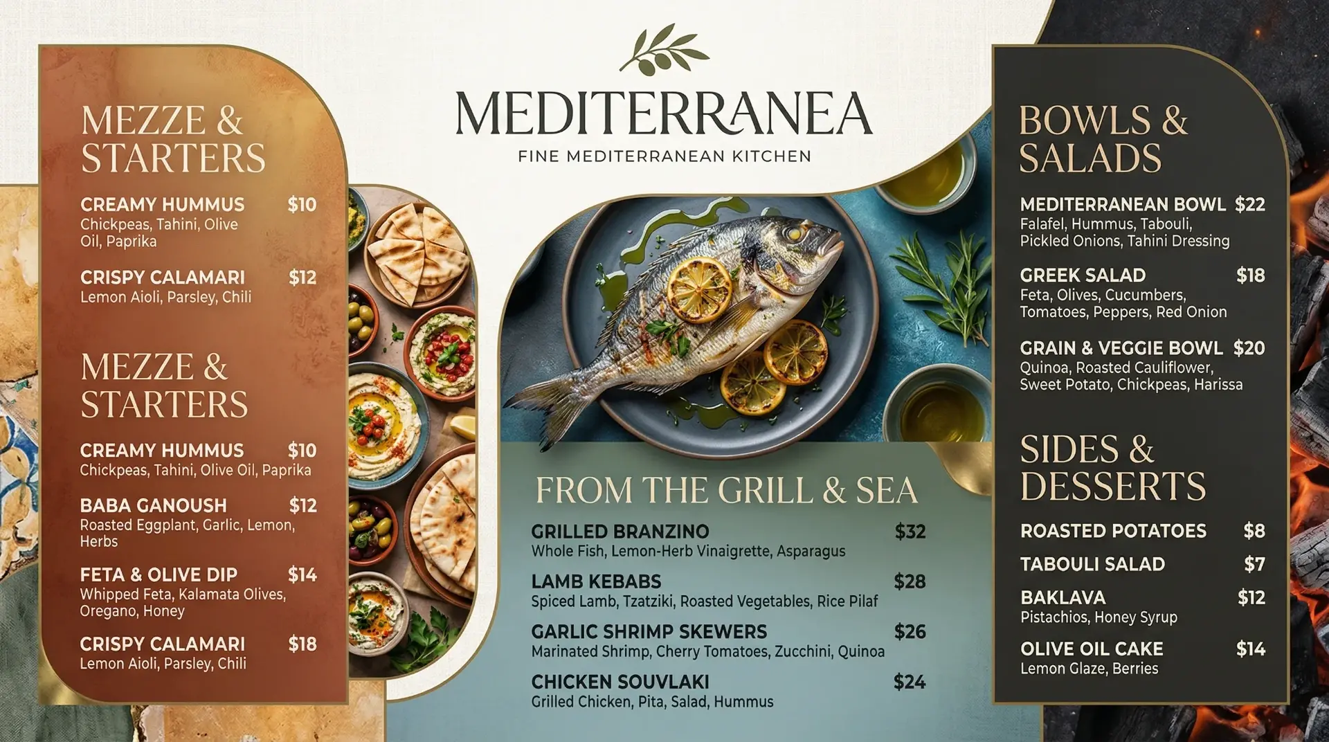 AI-generated Mediterranean restaurant digital menu board with appetizers entrees and desserts