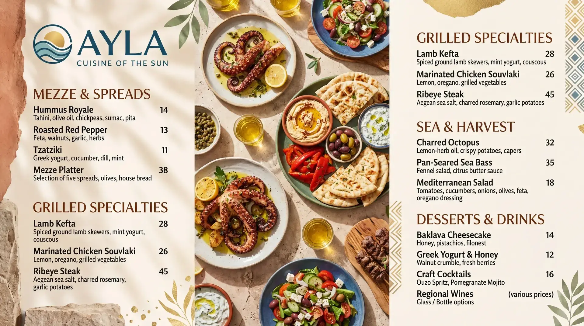 AI-generated Mediterranean sun cuisine digital menu board with traditional dishes and modern plating