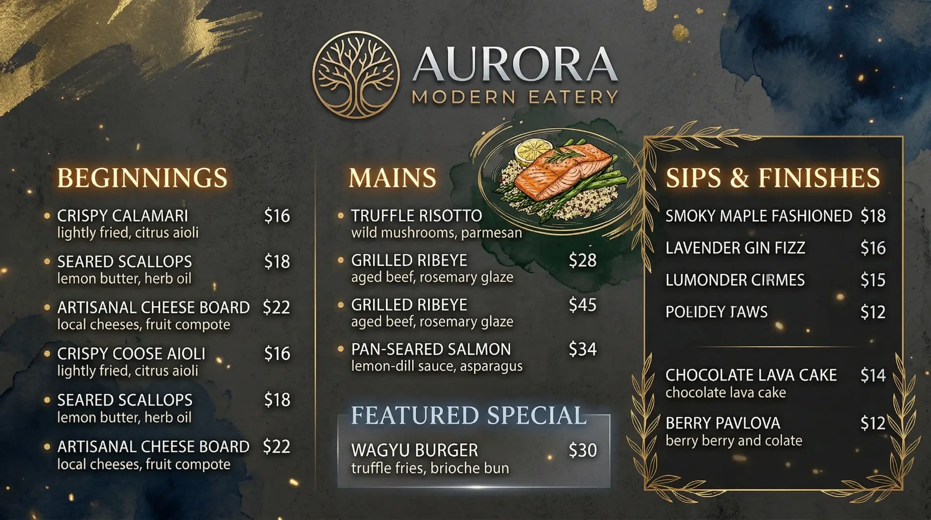 AI-generated modern eatery digital menu board with fine dining entrees cocktails and specials