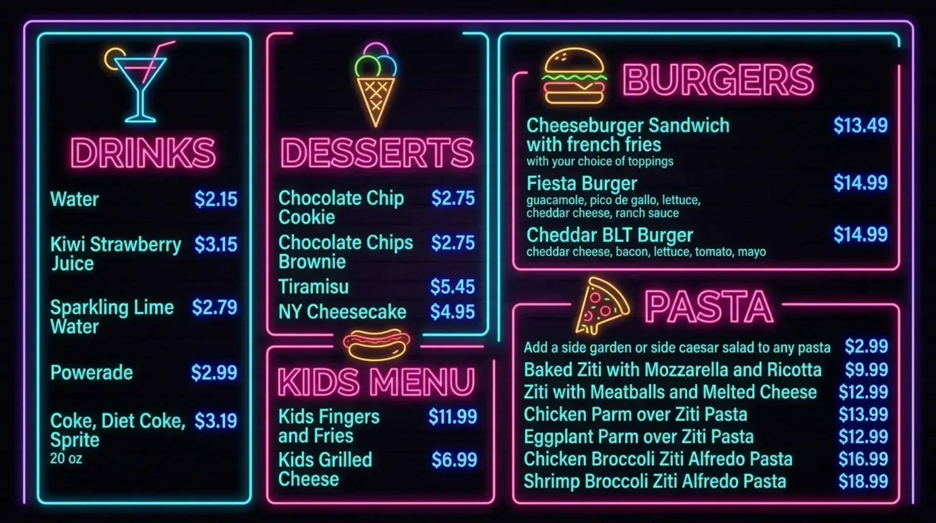 AI-generated neon-style retro digital menu board with drinks desserts burgers and pasta