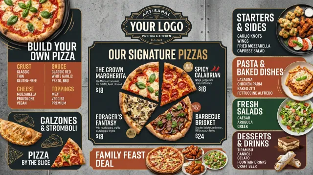 AI-generated pizza restaurant digital menu board with artisan pizzas, pasta, and appetizers