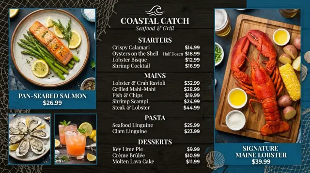 AI-generated coastal seafood restaurant digital menu board with lobster, salmon, and shellfish